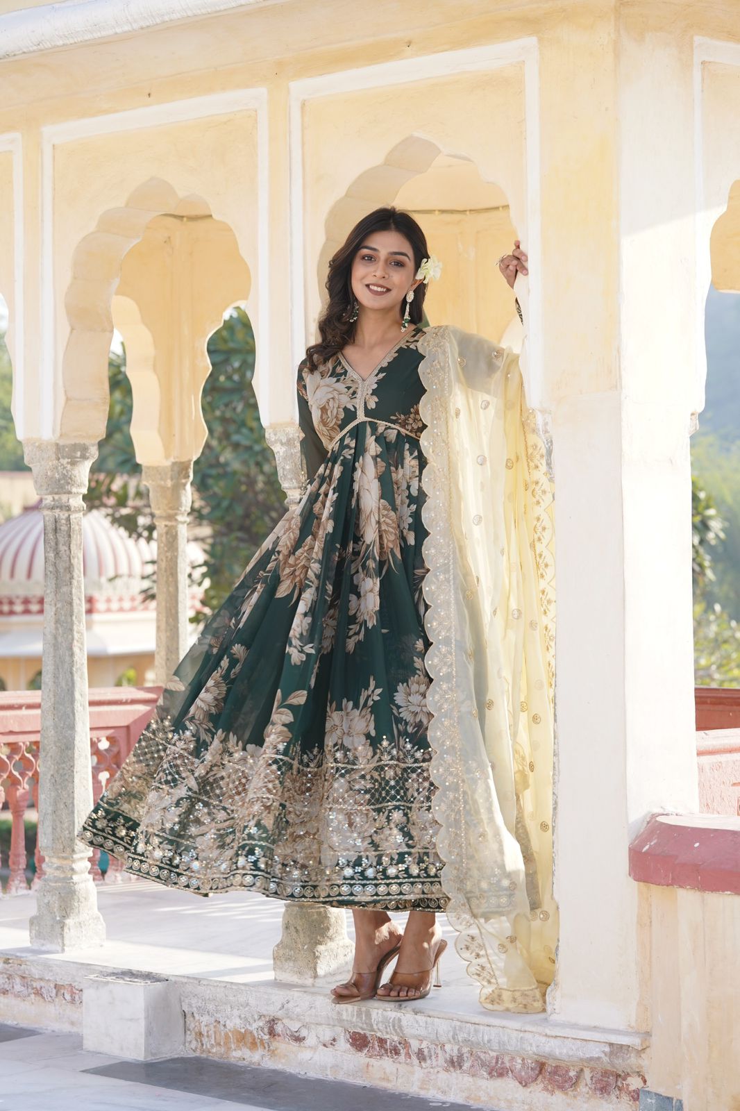 Forest Green Russian Silk Printed Gown - Shopaholics Choice