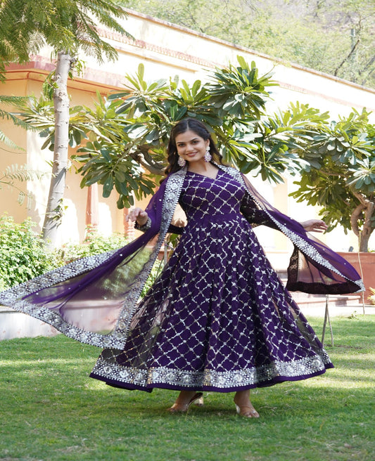 Dark Violet Blooming Sequins Work Gown - Shopaholics Choice