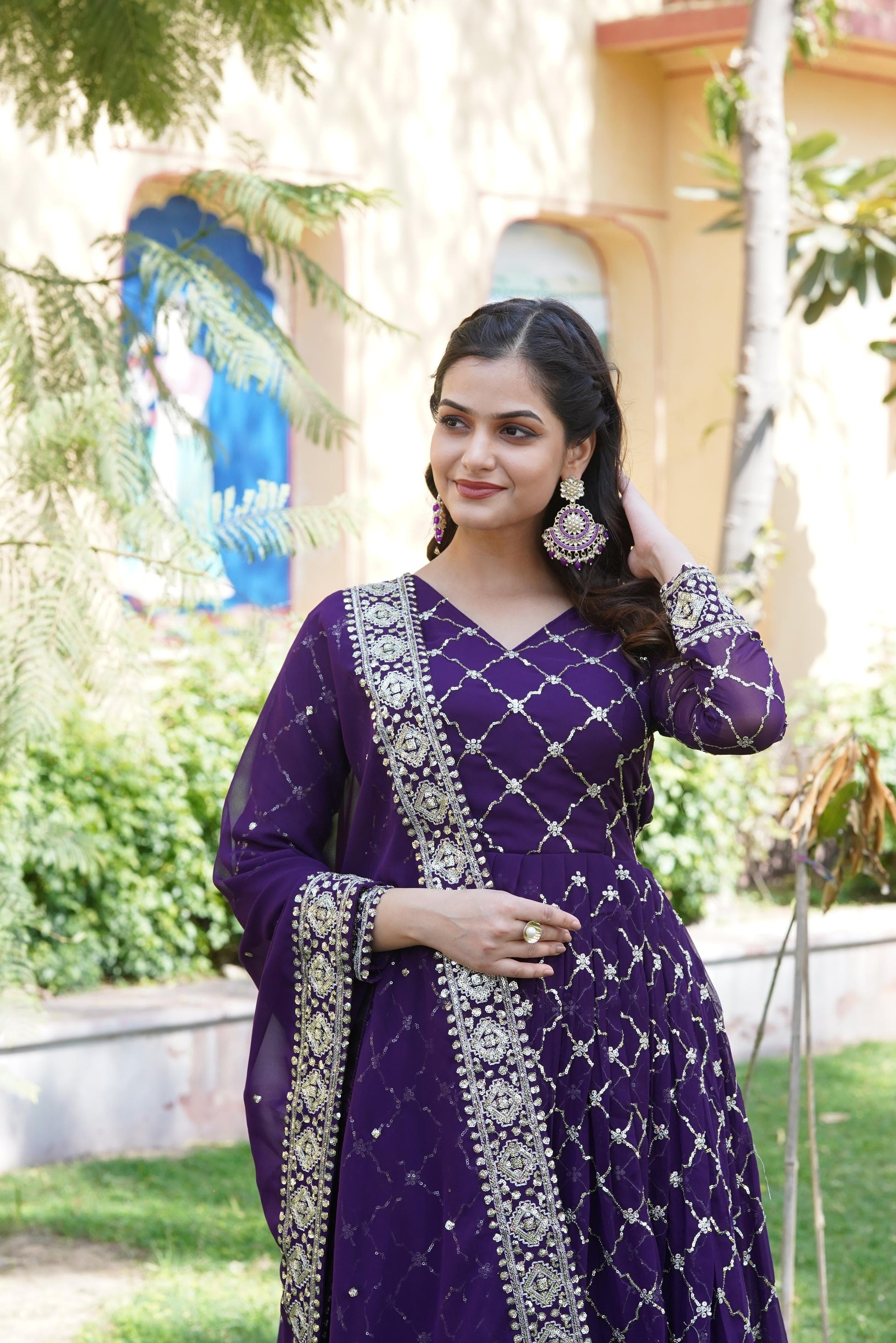 Dark Violet Blooming Sequins Work Gown - Shopaholics Choice