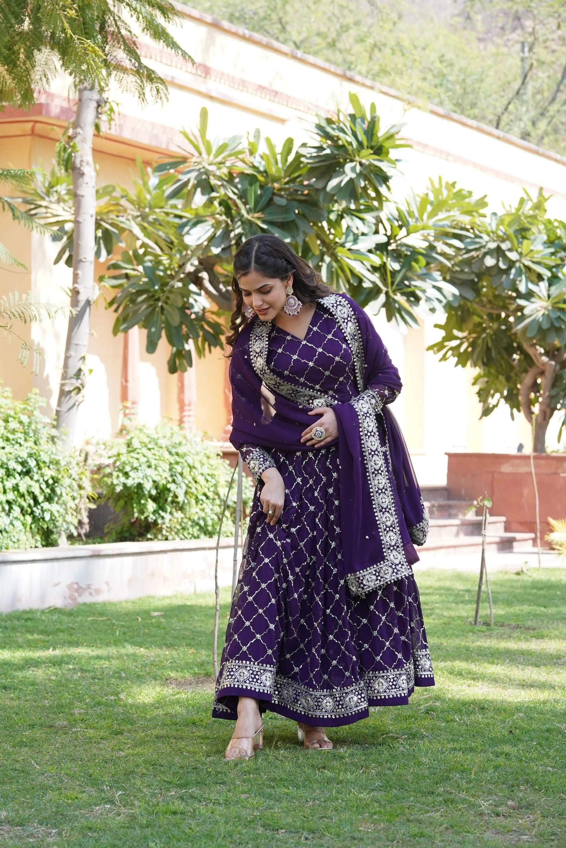 Dark Violet Blooming Sequins Work Gown - Shopaholics Choice