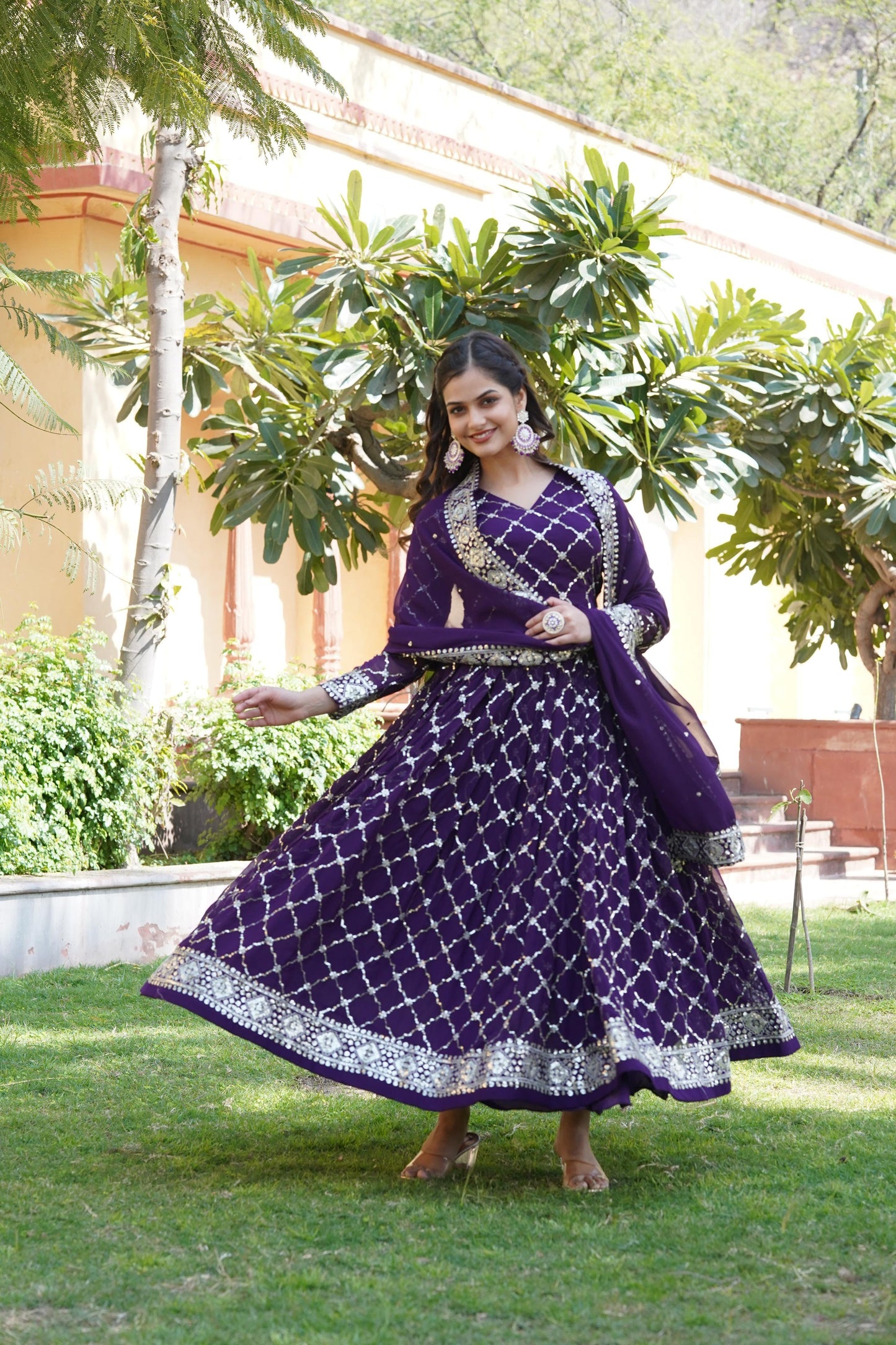 Dark Violet Blooming Sequins Work Gown - Shopaholics Choice