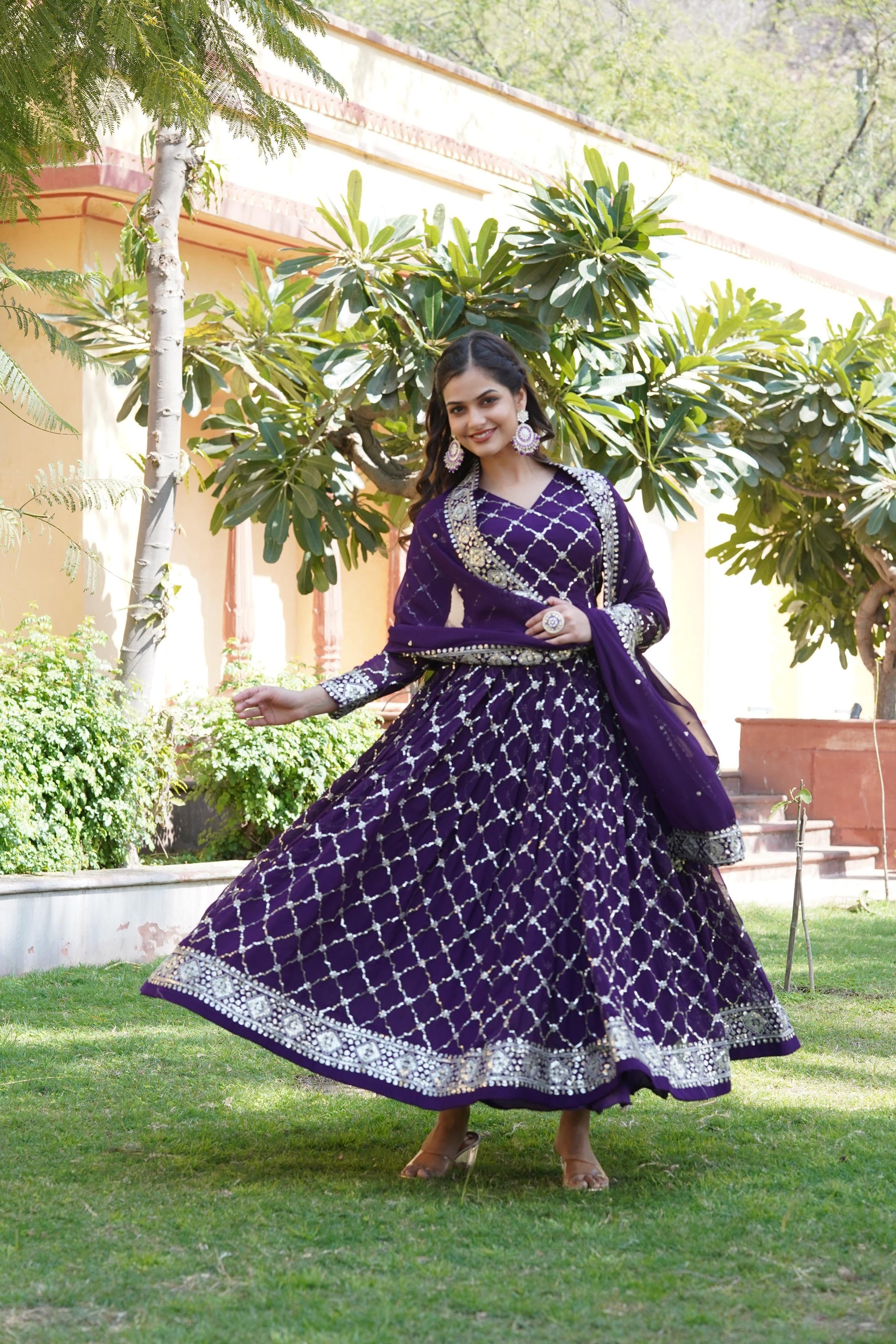 Dark Violet Blooming Sequins Work Gown - Shopaholics Choice