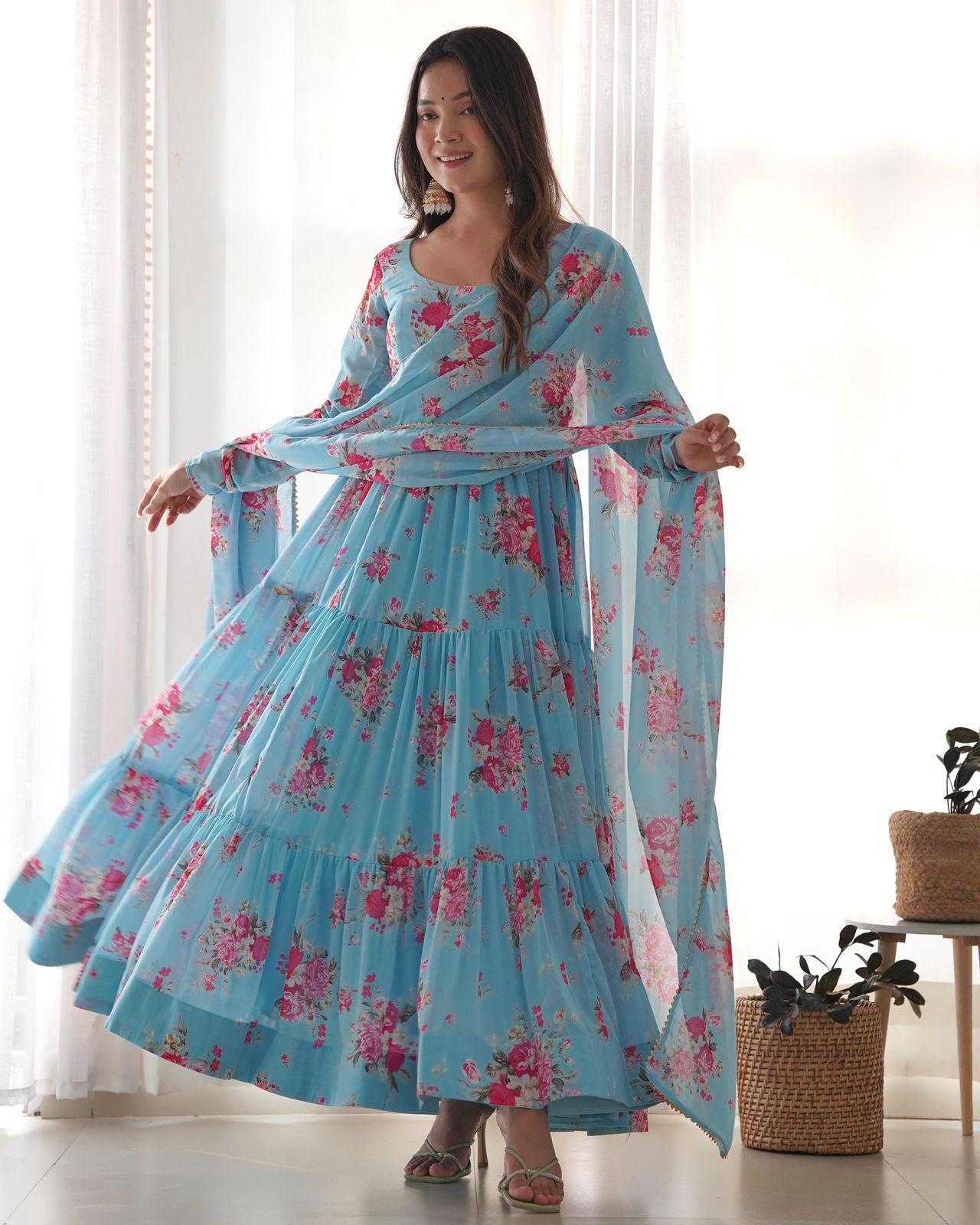 Light Blue Georgette Floral Anarkali Suit - Shopaholics Choice