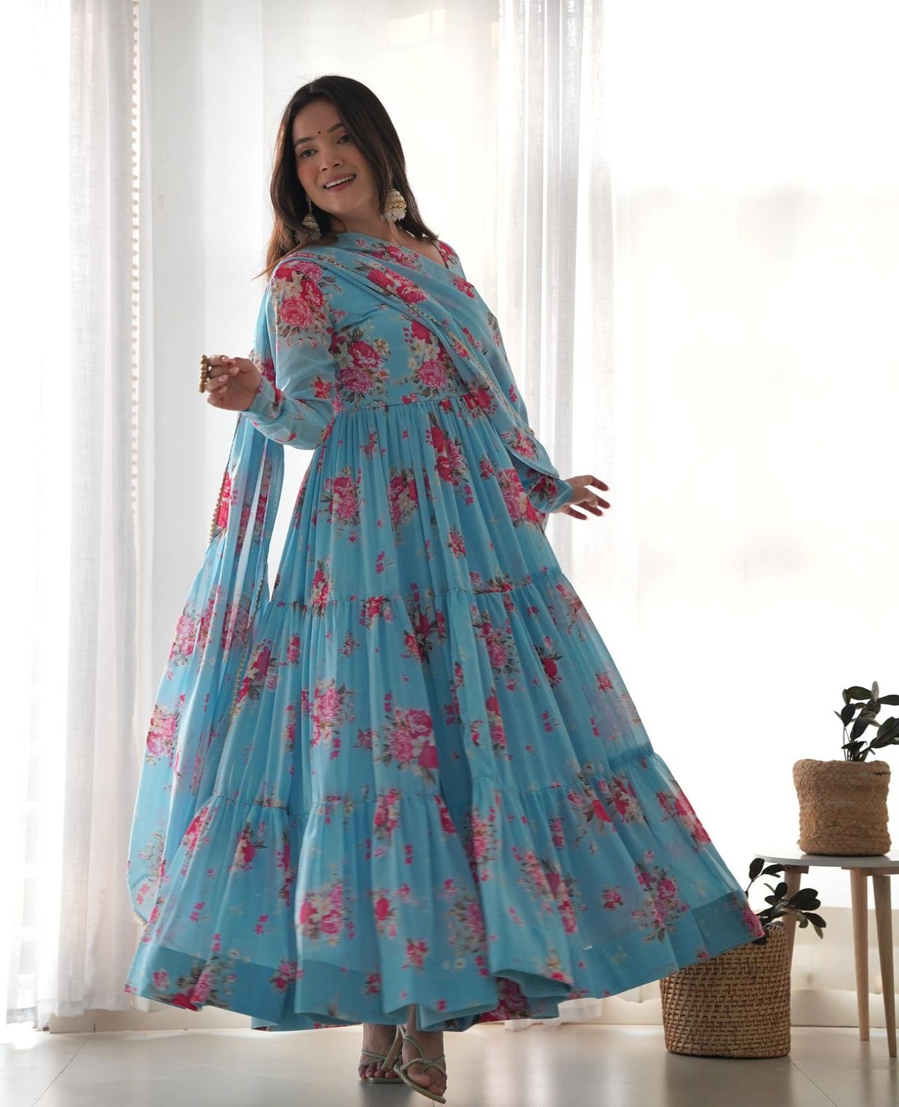 Light Blue Georgette Floral Anarkali Suit - Shopaholics Choice