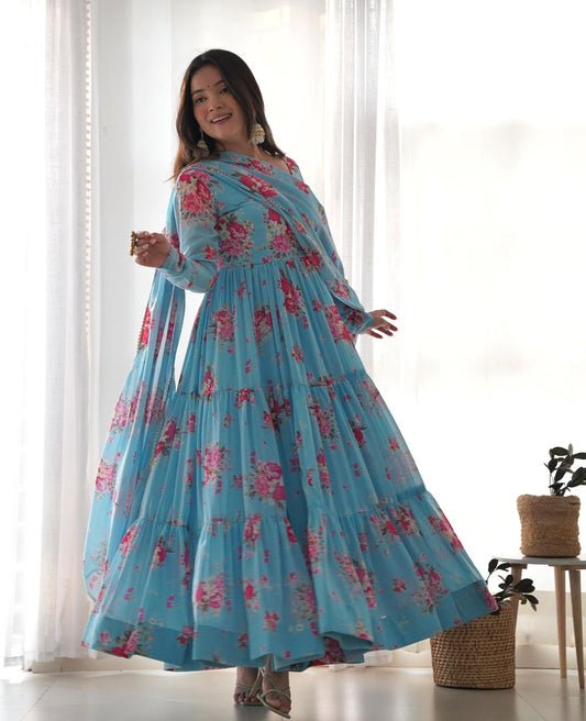 Light Blue Georgette Floral Anarkali Suit - Shopaholics Choice