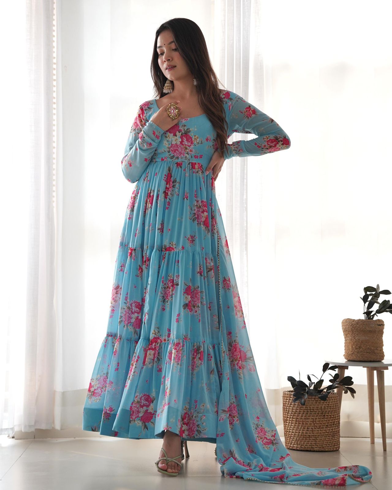 Light Blue Georgette Floral Anarkali Suit - Shopaholics Choice