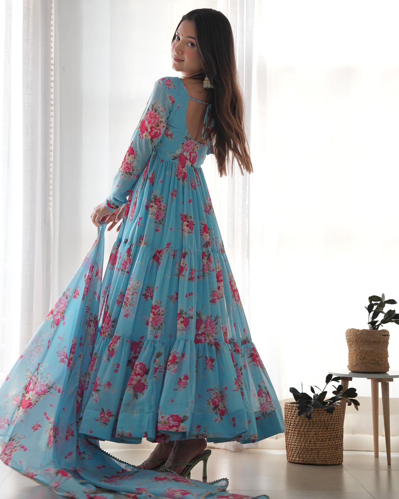 Light Blue Georgette Floral Anarkali Suit - Shopaholics Choice
