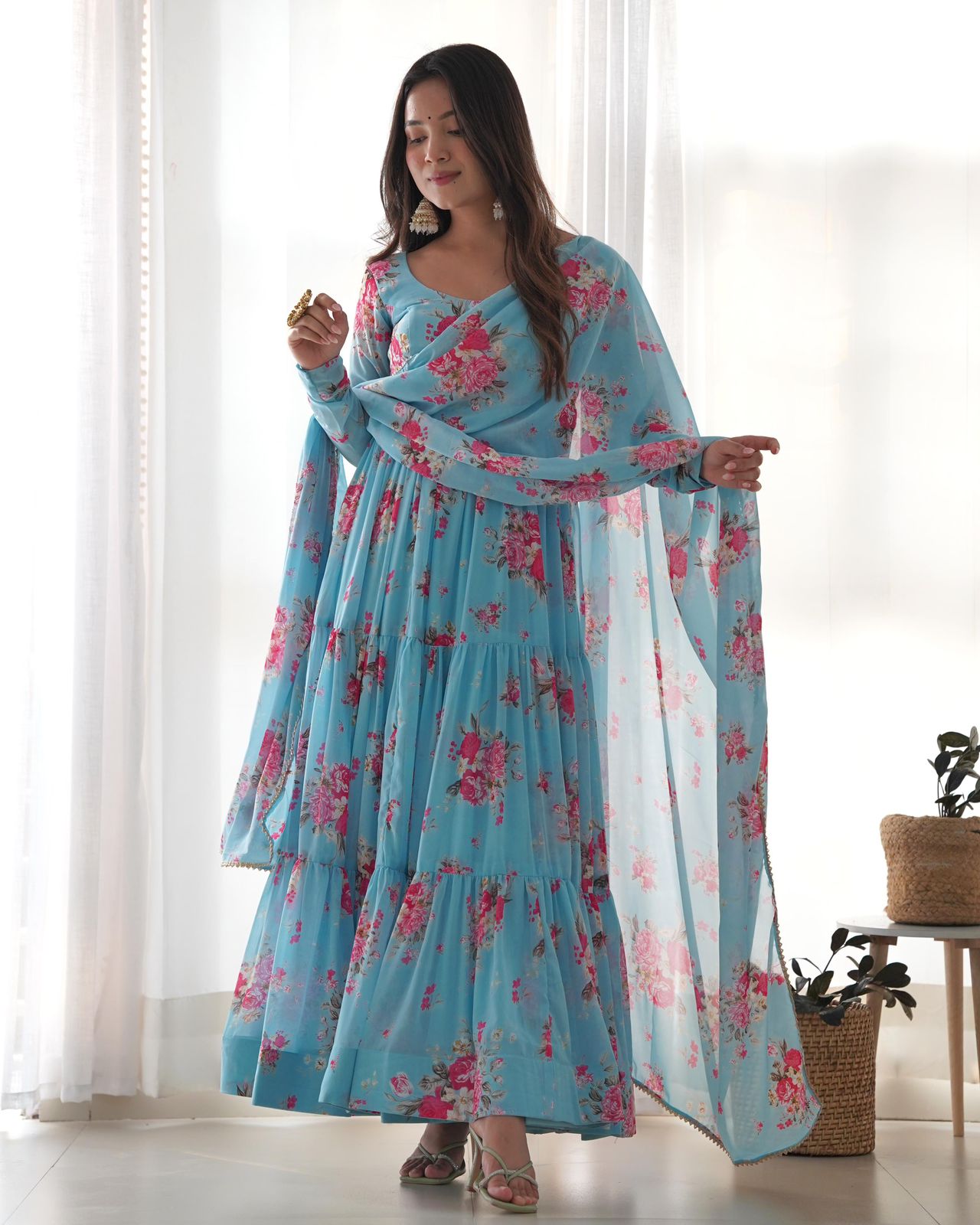 Light Blue Georgette Floral Anarkali Suit - Shopaholics Choice