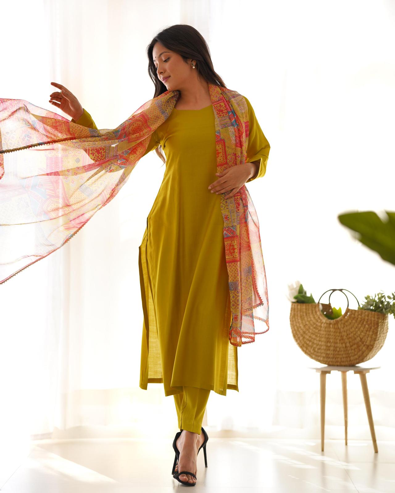Light OliveGreen Viscose Straight Kurta Set - Shopaholics Choice