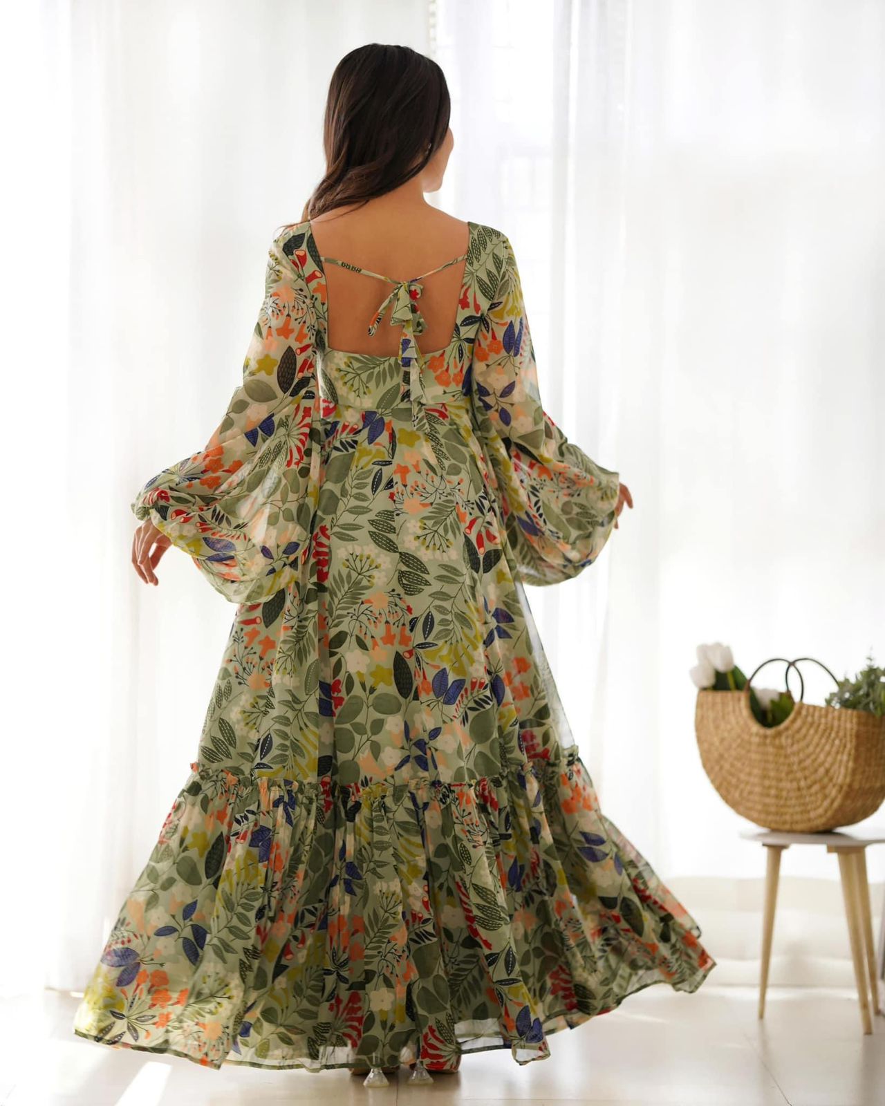Georgette Floral Balloon Sleeves Gown - Shopaholics Choice