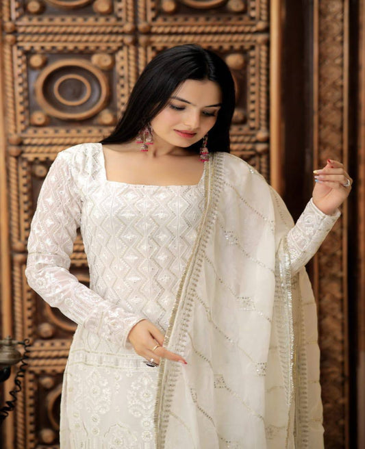 Solidcolour Georgette Zigzag Embroidered Sharara Suit - Shopaholics Choice