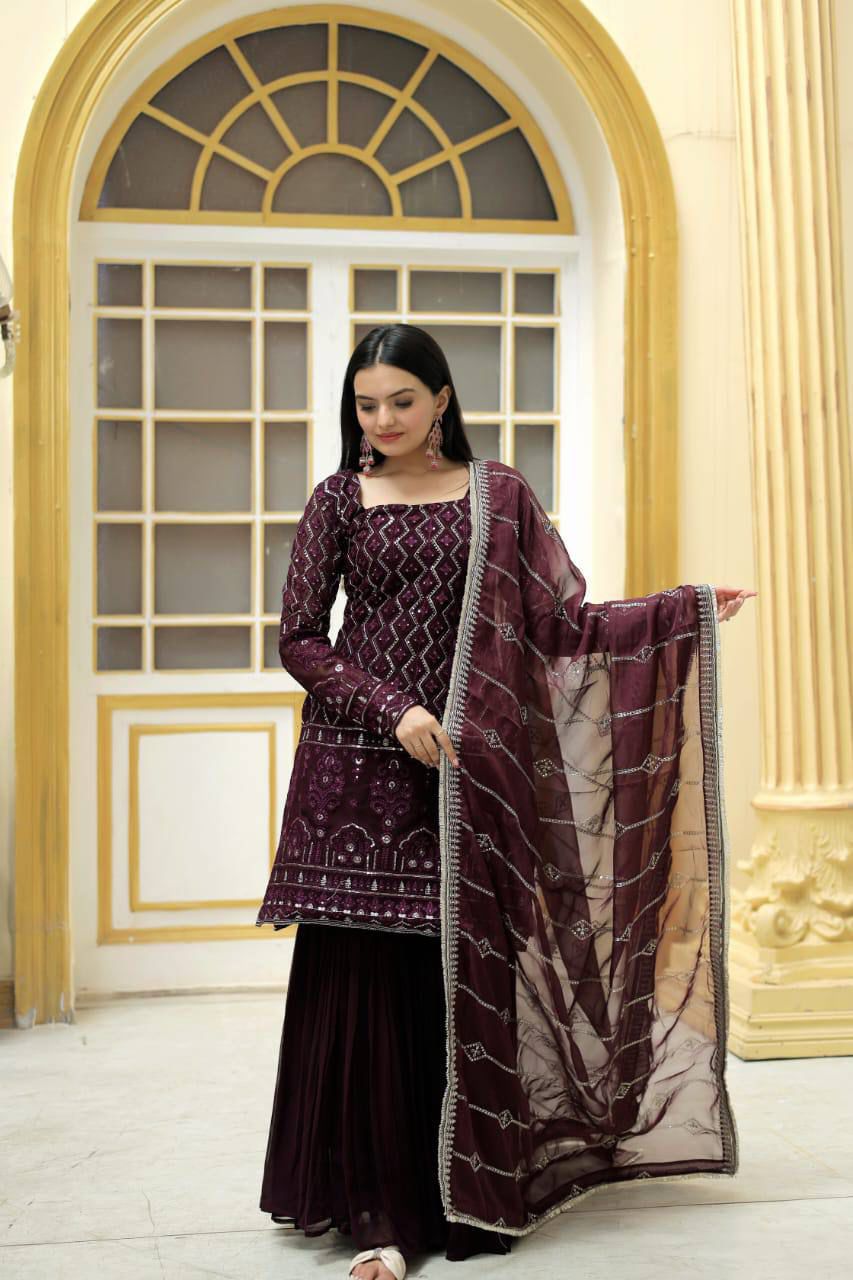 Solidcolour Georgette Zigzag Embroidered Sharara Suit - Shopaholics Choice