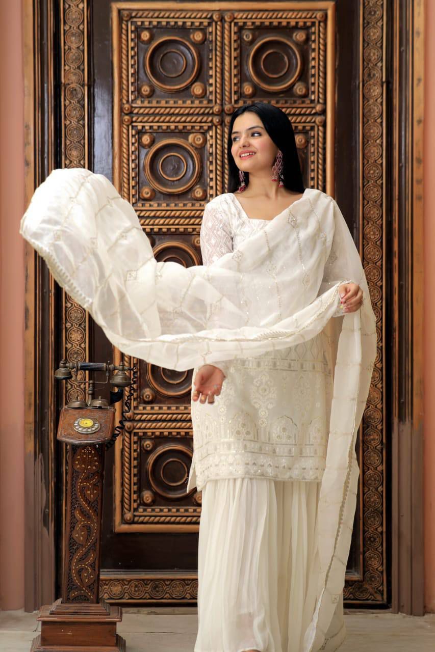 Solidcolour Georgette Zigzag Embroidered Sharara Suit - Shopaholics Choice