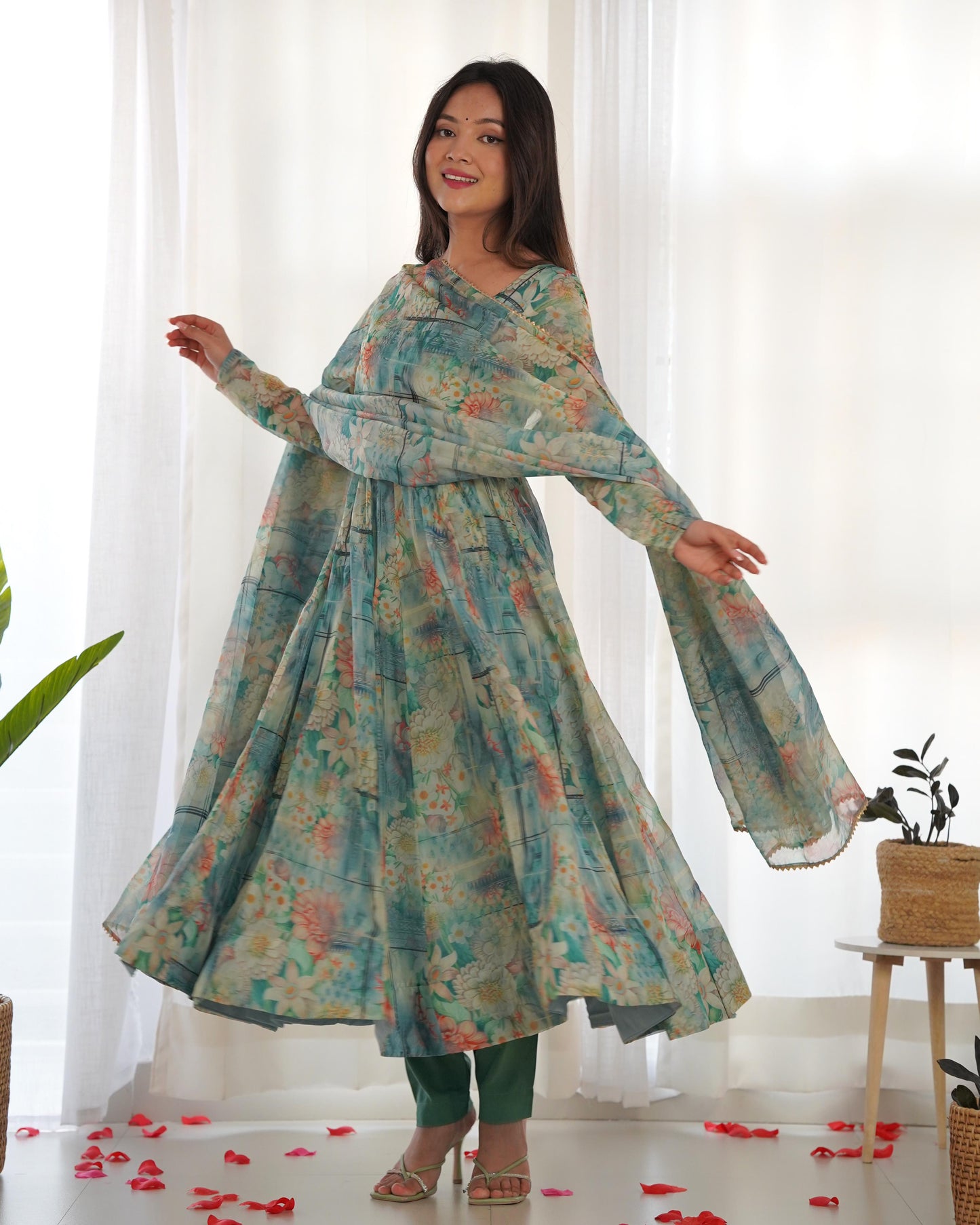 Blue Heavy Organza Printed Anarkali Suit - Shopaholics Choice