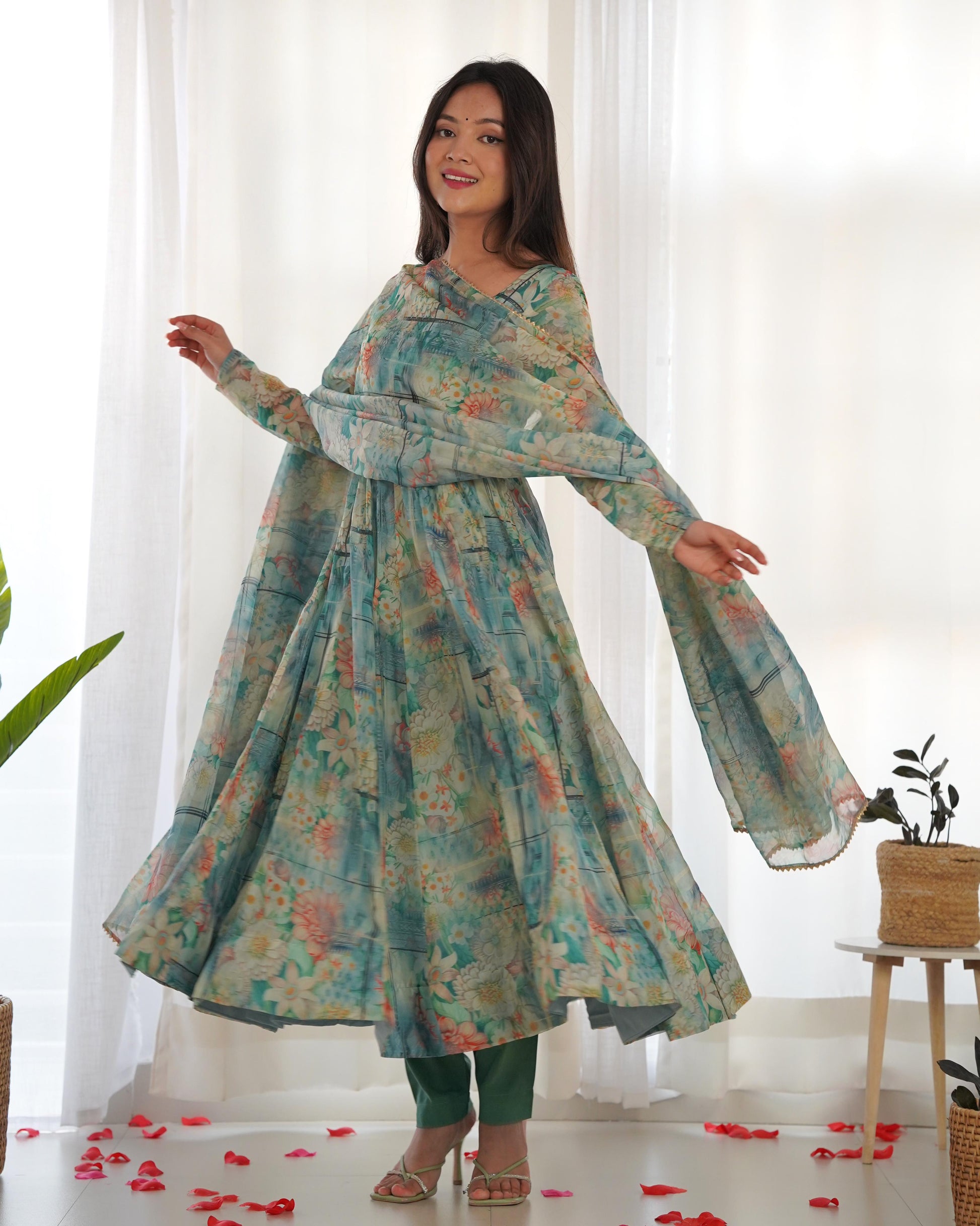 Blue Heavy Organza Printed Anarkali Suit - Shopaholics Choice