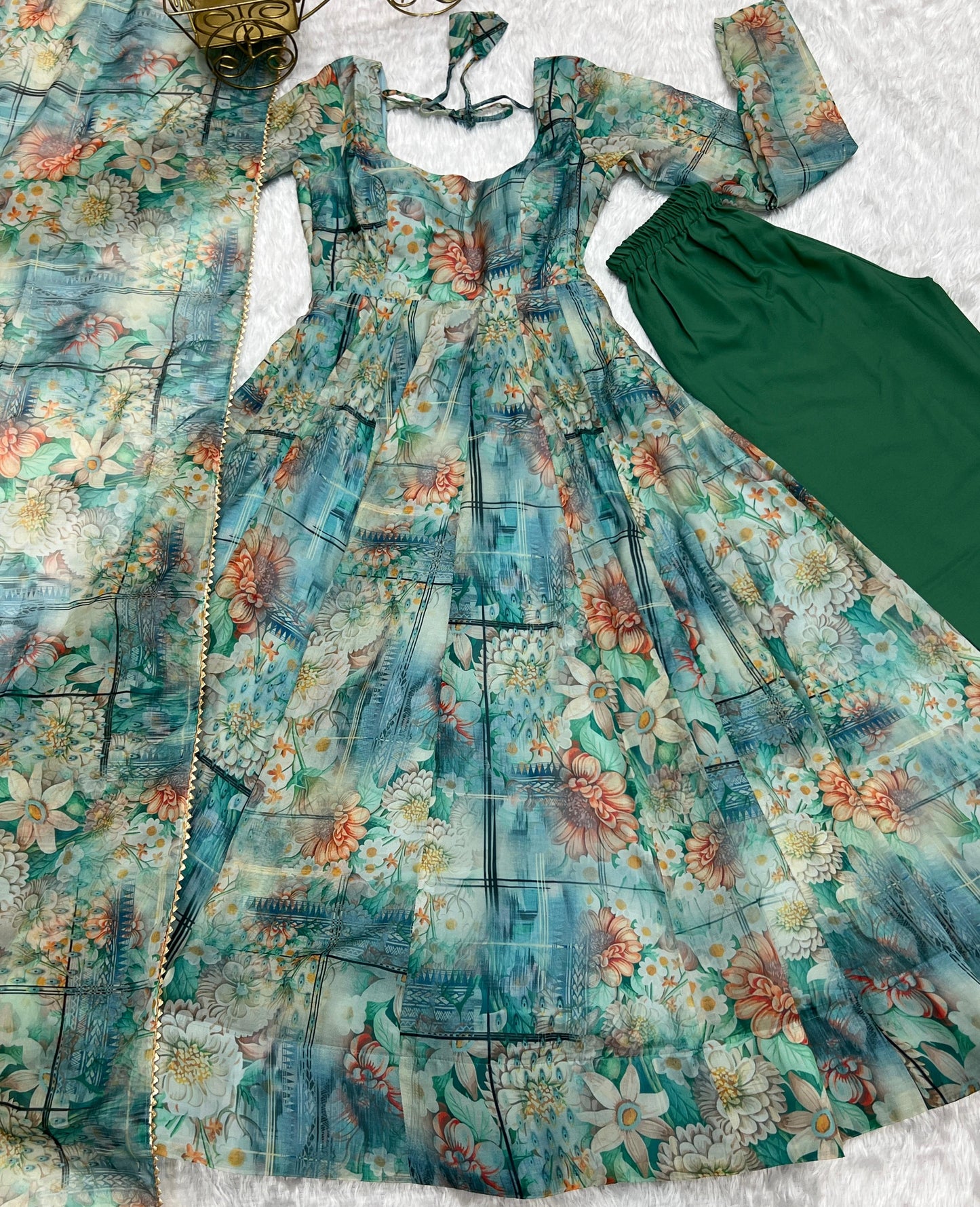 Blue Heavy Organza Printed Anarkali Suit - Shopaholics Choice