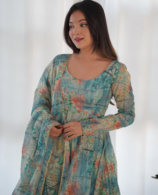 Blue Heavy Organza Printed Anarkali Suit - Shopaholics Choice