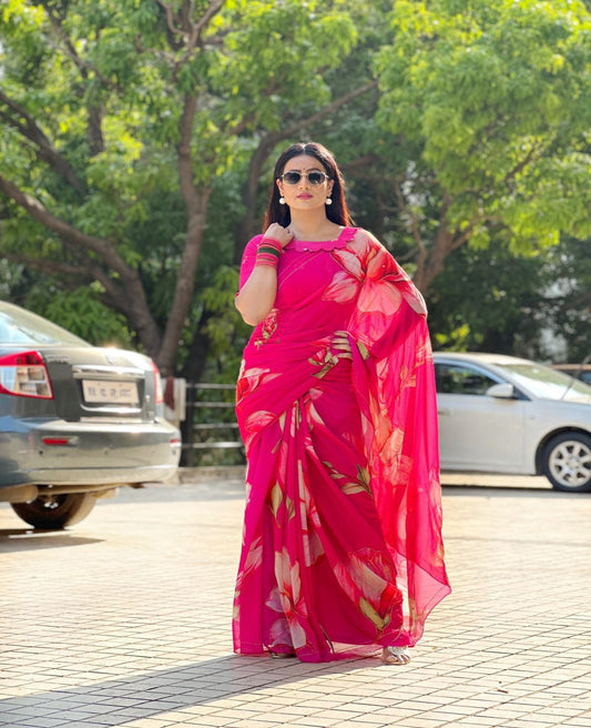 DarkPink Georgette Pearl Work Saree - Shopaholics Choice