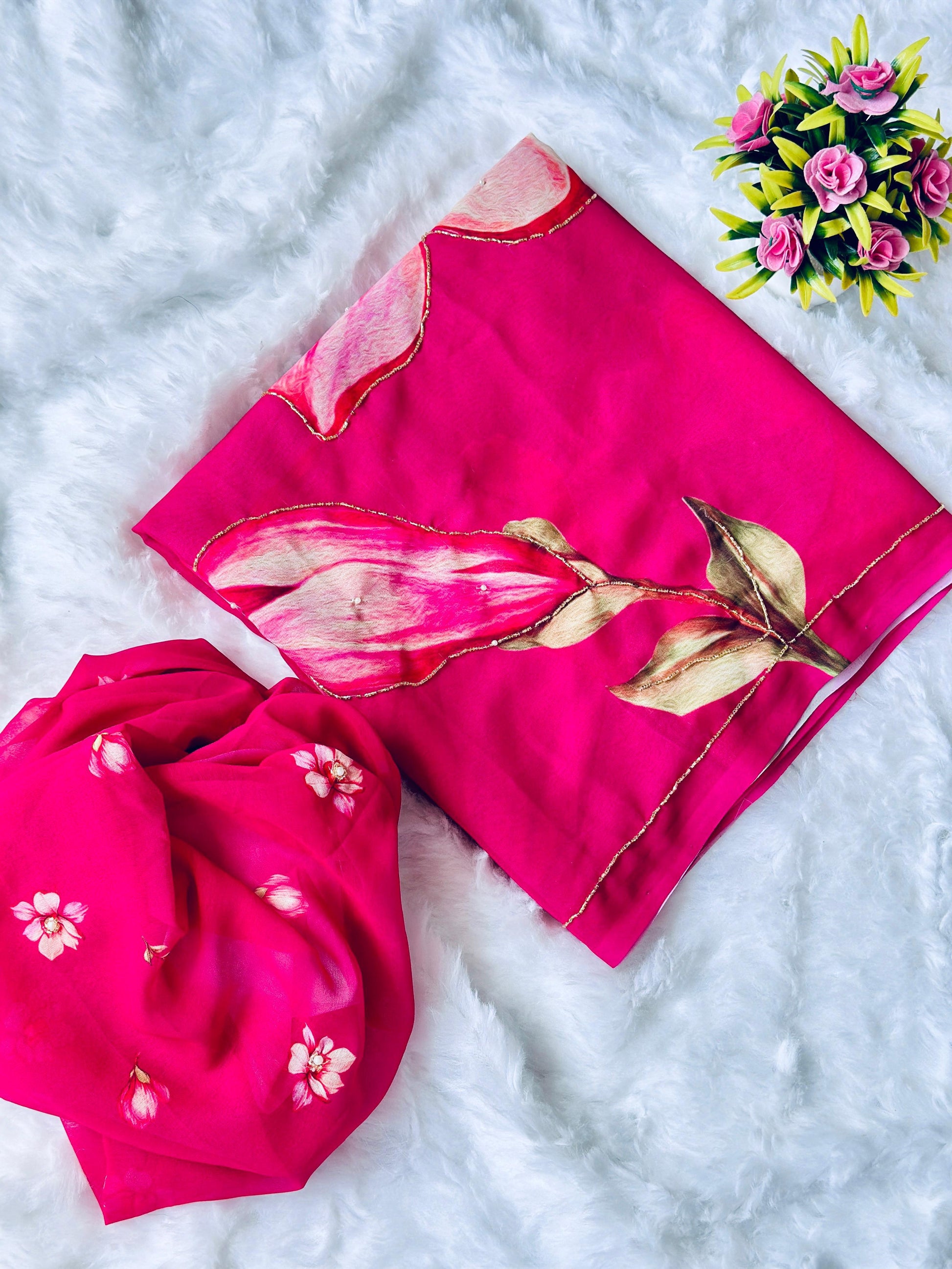 DarkPink Georgette Pearl Work Saree - Shopaholics Choice