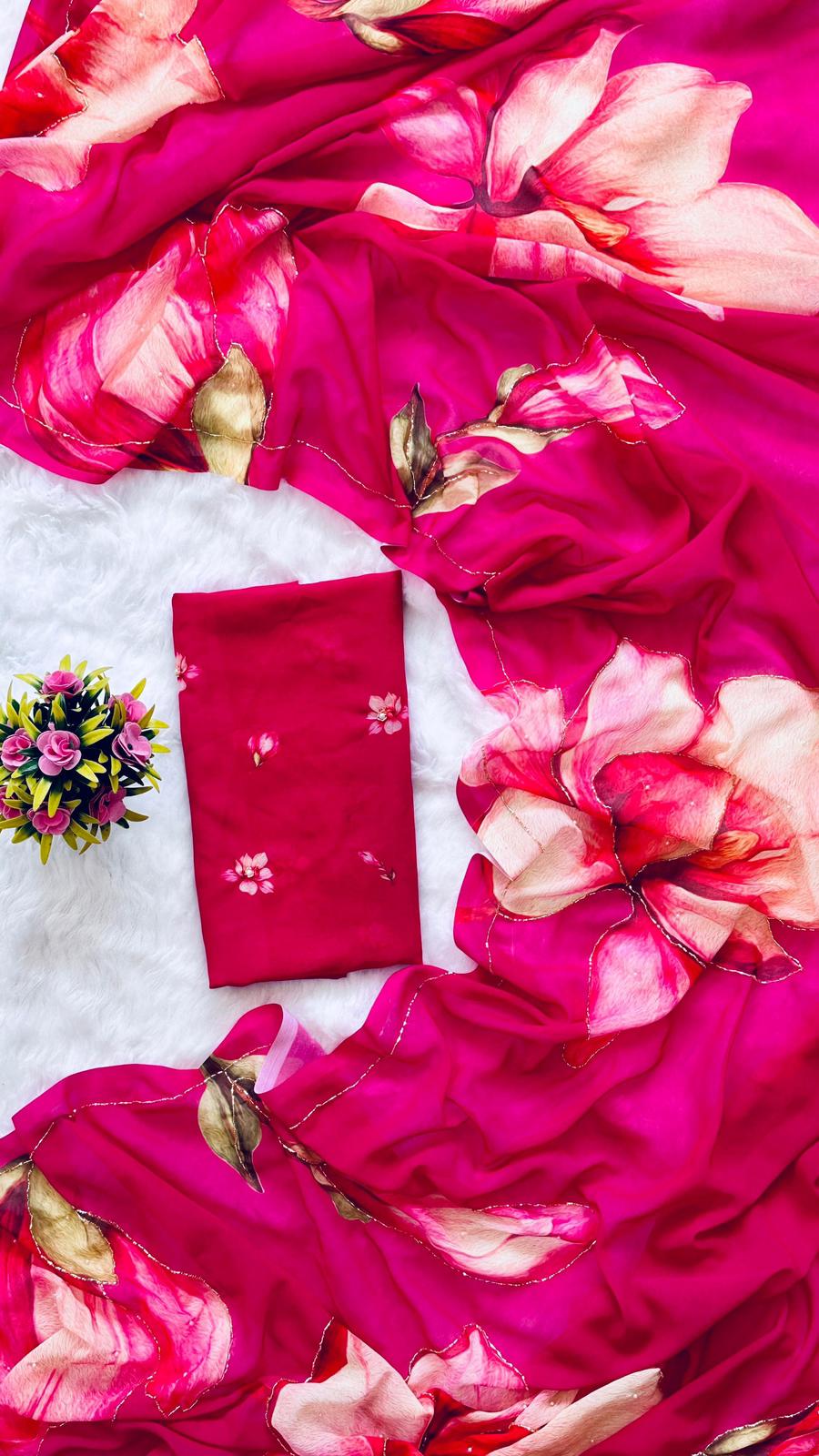 DarkPink Georgette Pearl Work Saree - Shopaholics Choice