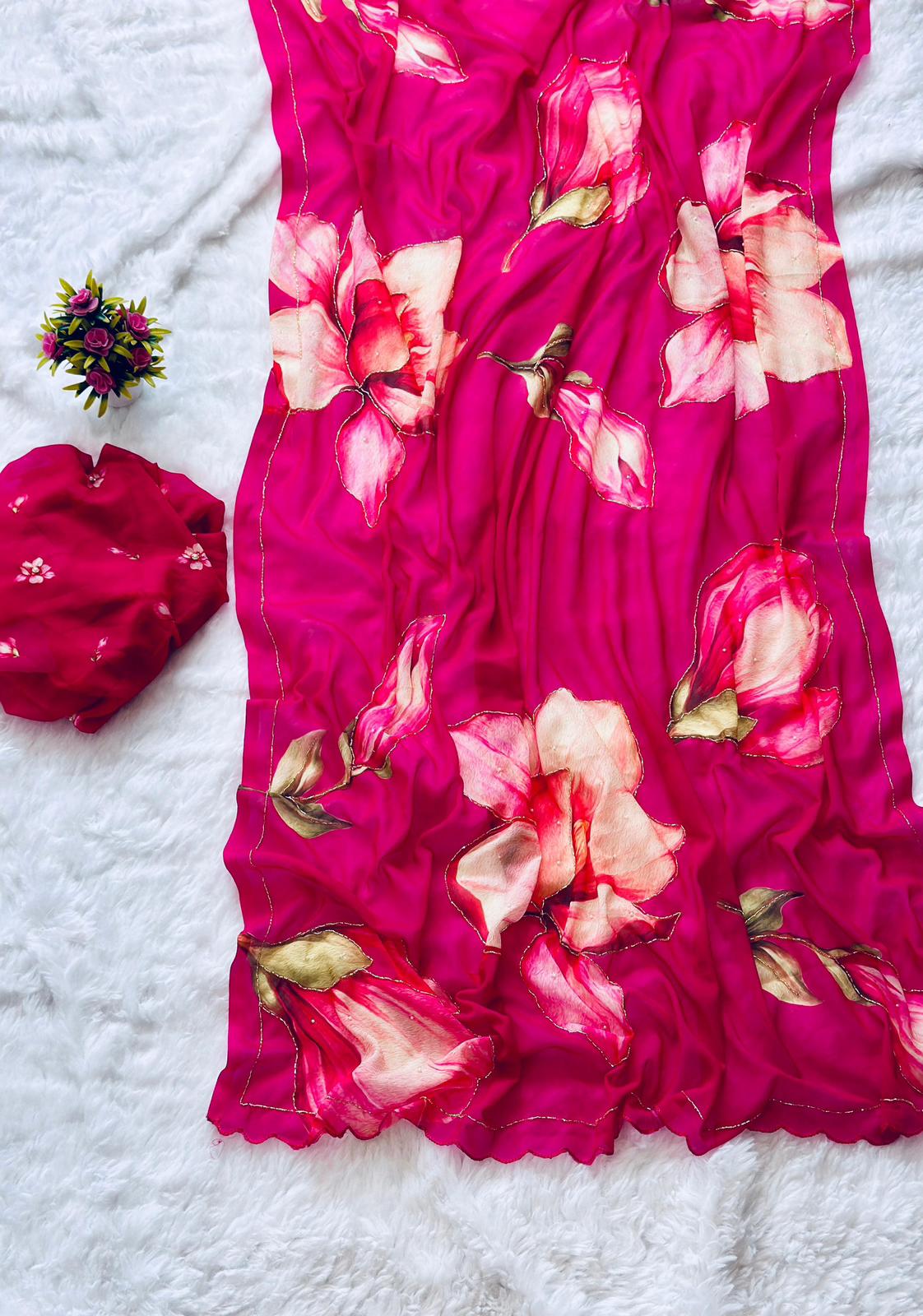 DarkPink Georgette Pearl Work Saree - Shopaholics Choice