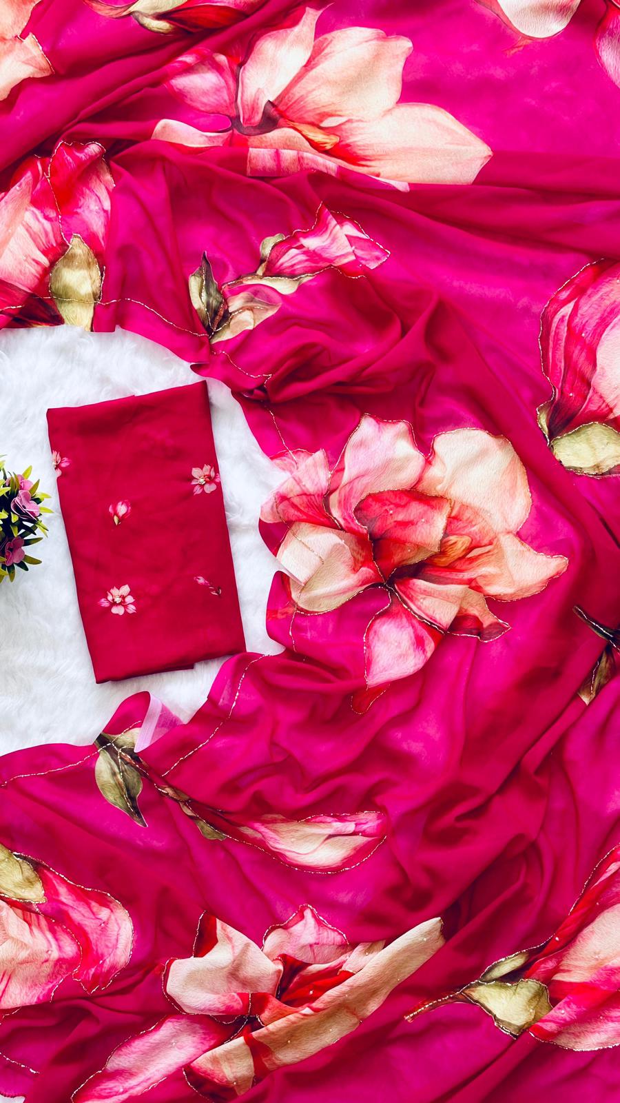 DarkPink Georgette Pearl Work Saree - Shopaholics Choice