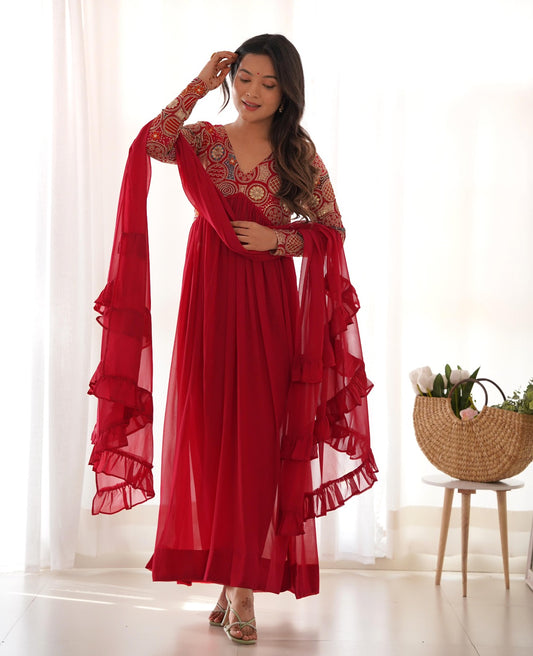 Pinkish Red Georgette Needle Embroidery Anarkali Suit - Shopaholics Choice