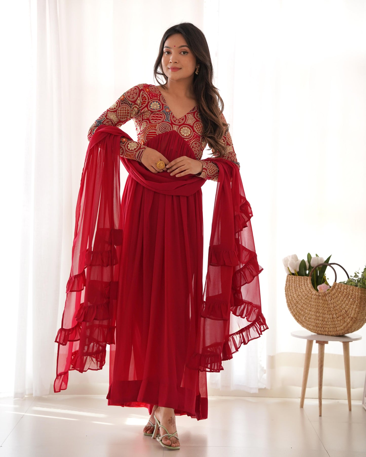 Pinkish Red Georgette Needle Embroidery Anarkali Suit - Shopaholics Choice