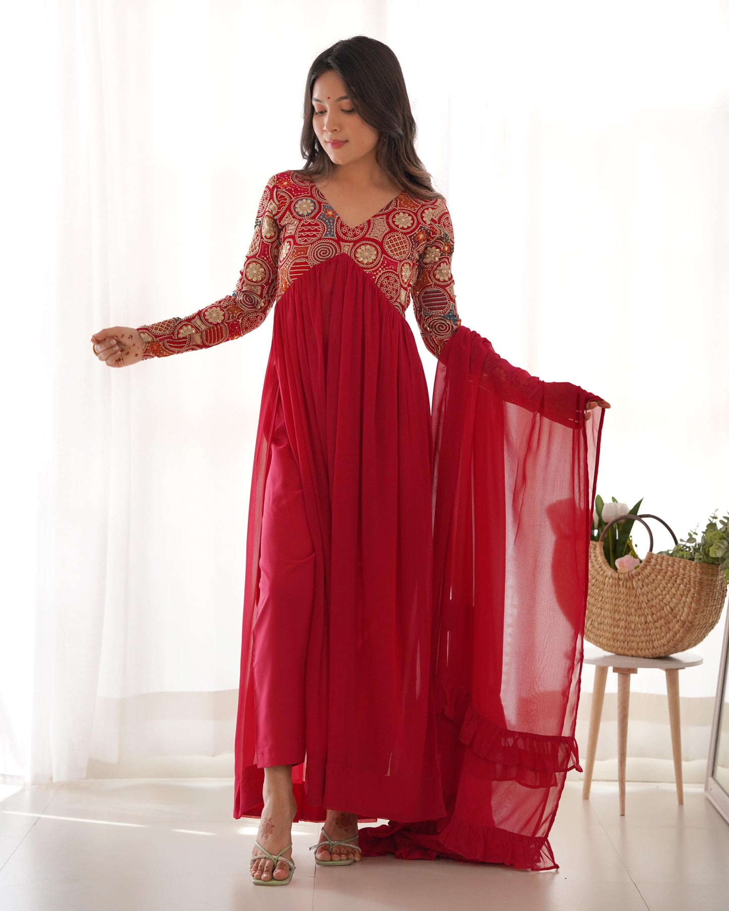 Pinkish Red Georgette Needle Embroidery Anarkali Suit - Shopaholics Choice