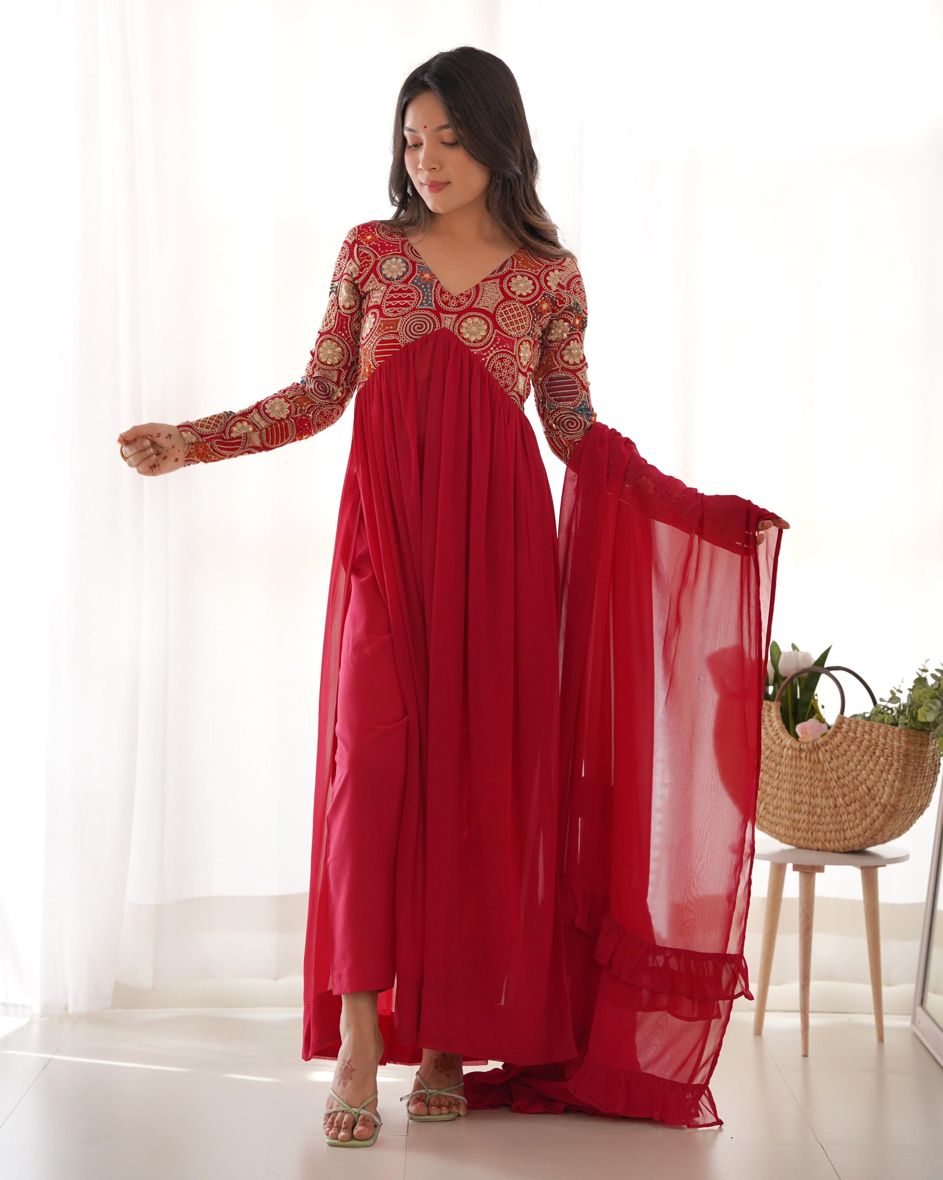 Pinkish Red Georgette Needle Embroidery Anarkali Suit - Shopaholics Choice