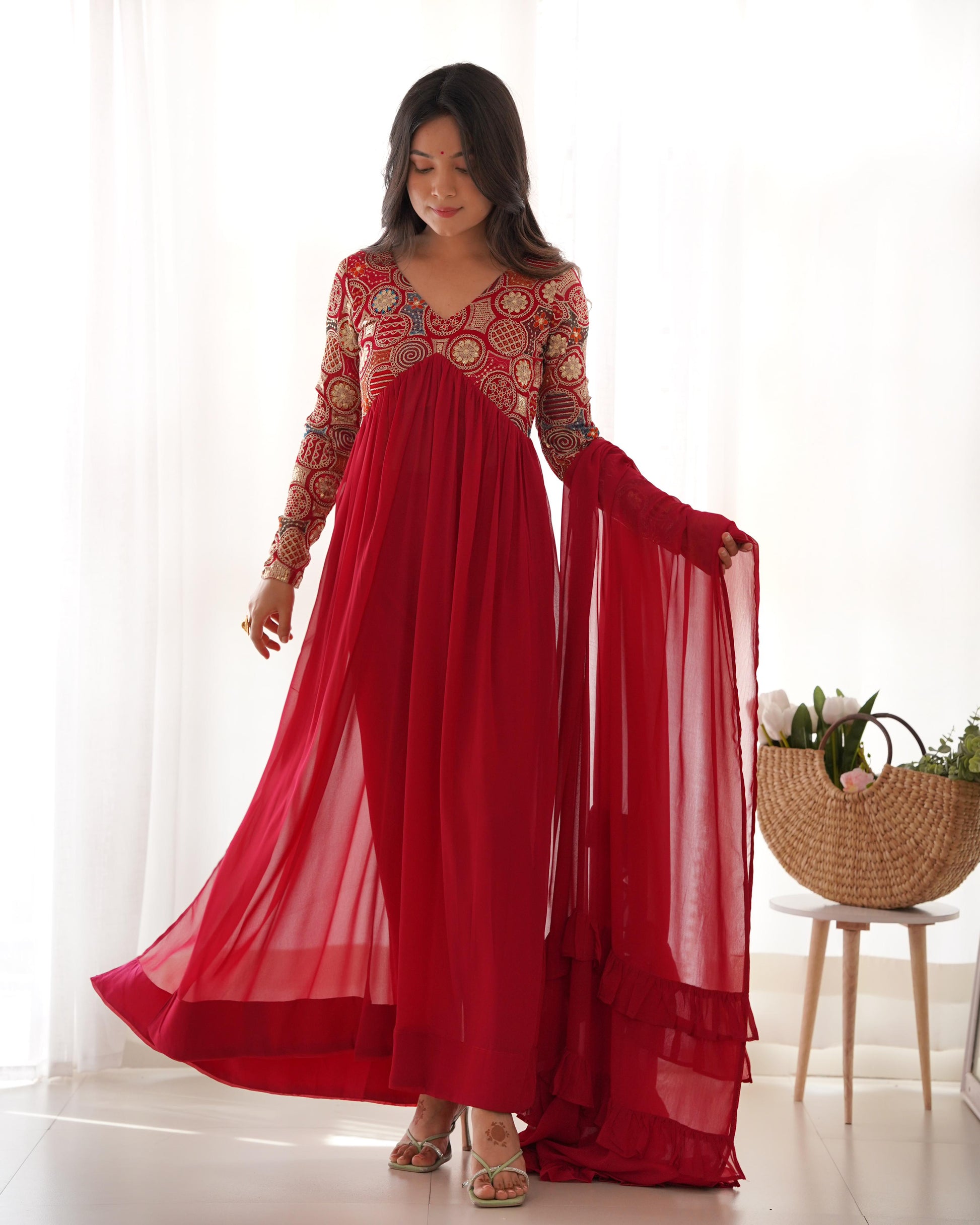 Pinkish Red Georgette Needle Embroidery Anarkali Suit - Shopaholics Choice