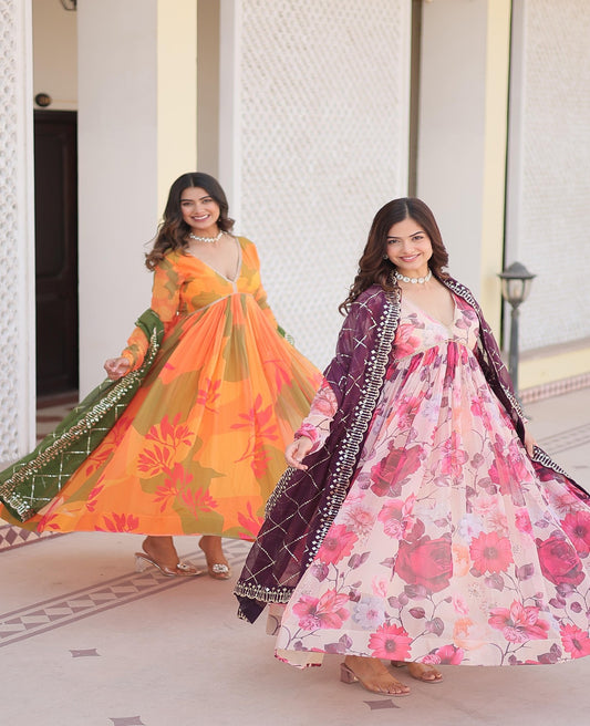 Russian Silk Printed Embro Anarkali Gown - Shopaholics Choice