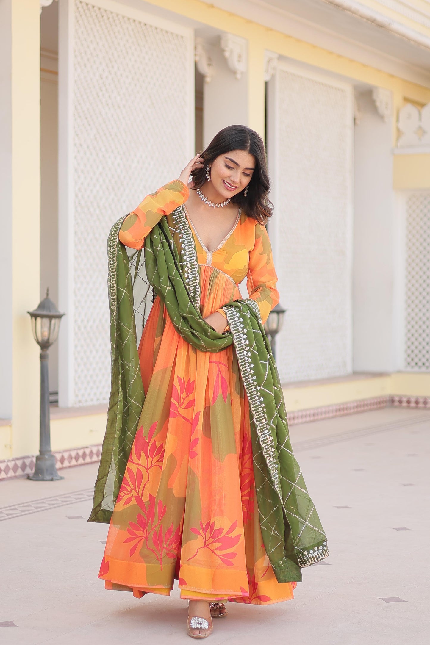 Russian Silk Printed Embro Anarkali Gown - Shopaholics Choice
