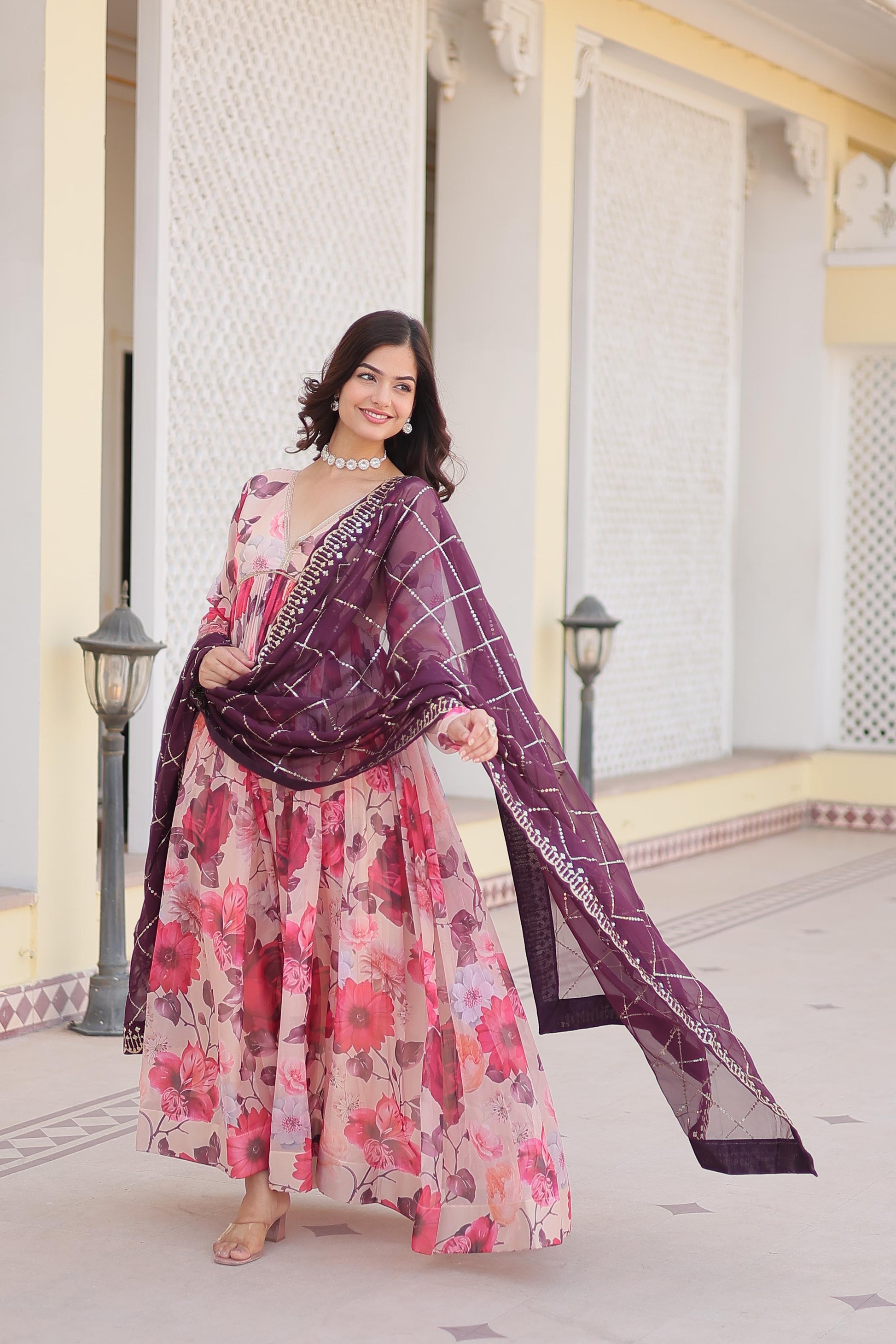 Russian Silk Printed Embro Anarkali Gown - Shopaholics Choice