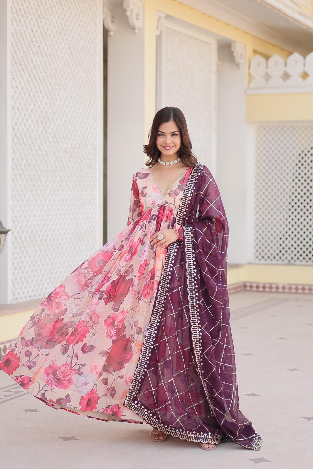 Russian Silk Printed Embro Anarkali Gown - Shopaholics Choice