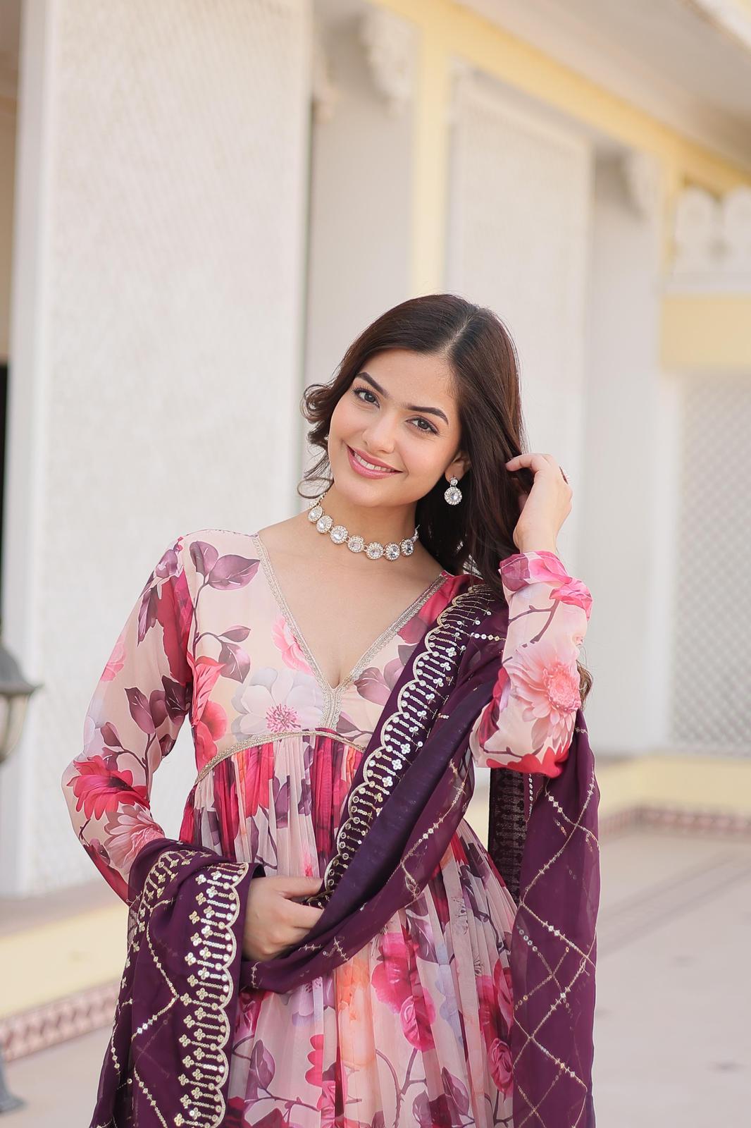 Russian Silk Printed Embro Anarkali Gown - Shopaholics Choice