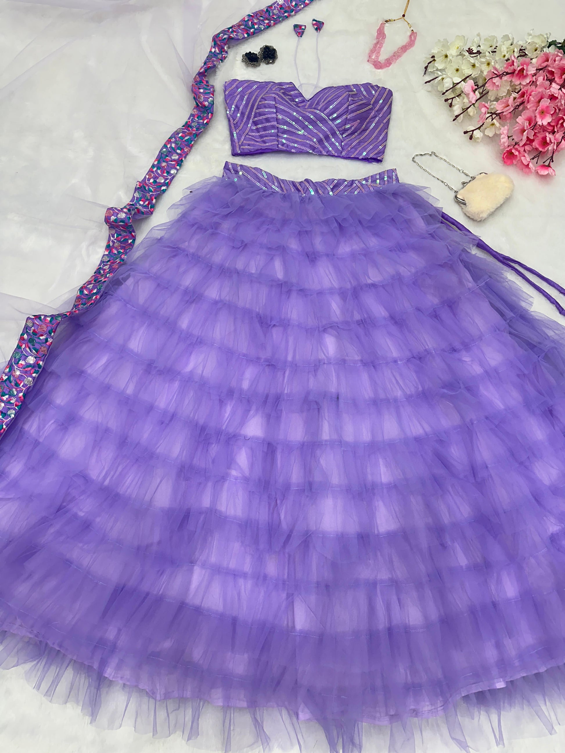 lavender Nylon Net Frill Lehnga - Shopaholics Choice