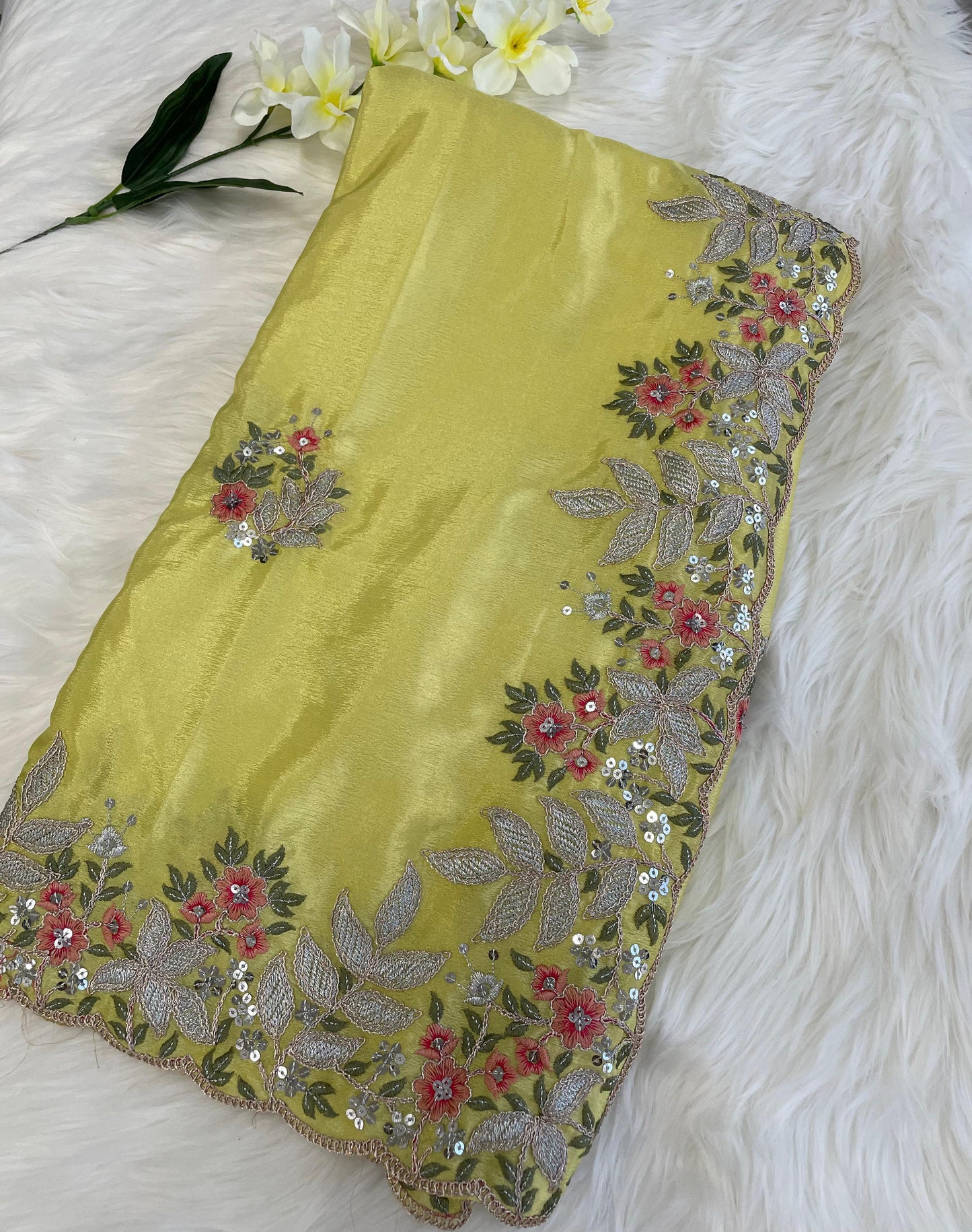 Yellow-Pink Chinon Silk Embroidered Saree - Shopaholics Choice