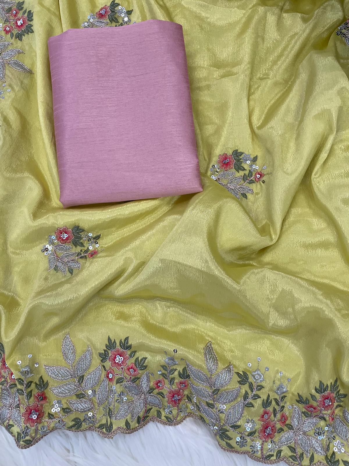 Yellow-Pink Chinon Silk Embroidered Saree - Shopaholics Choice