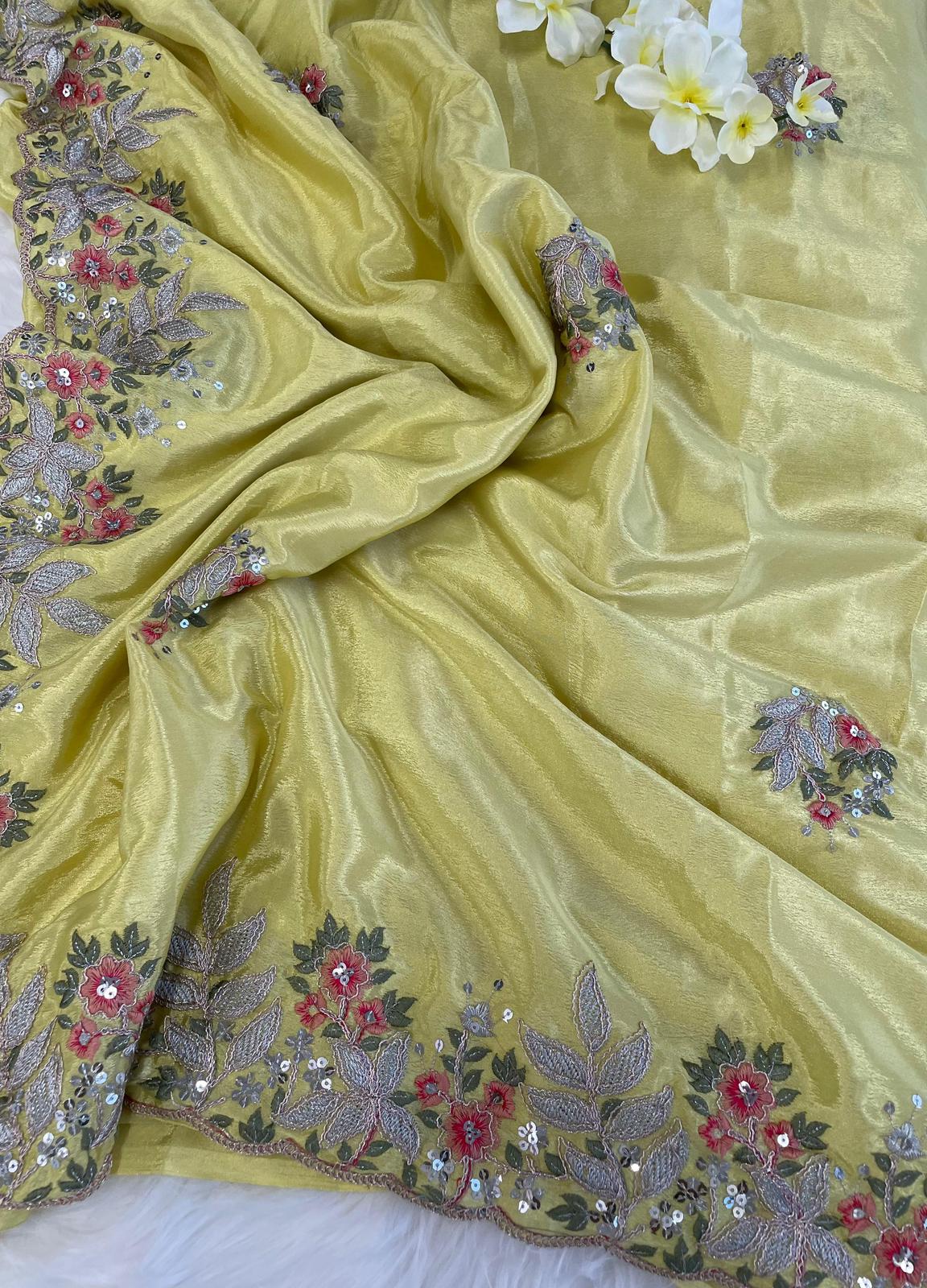 Yellow-Pink Chinon Silk Embroidered Saree - Shopaholics Choice