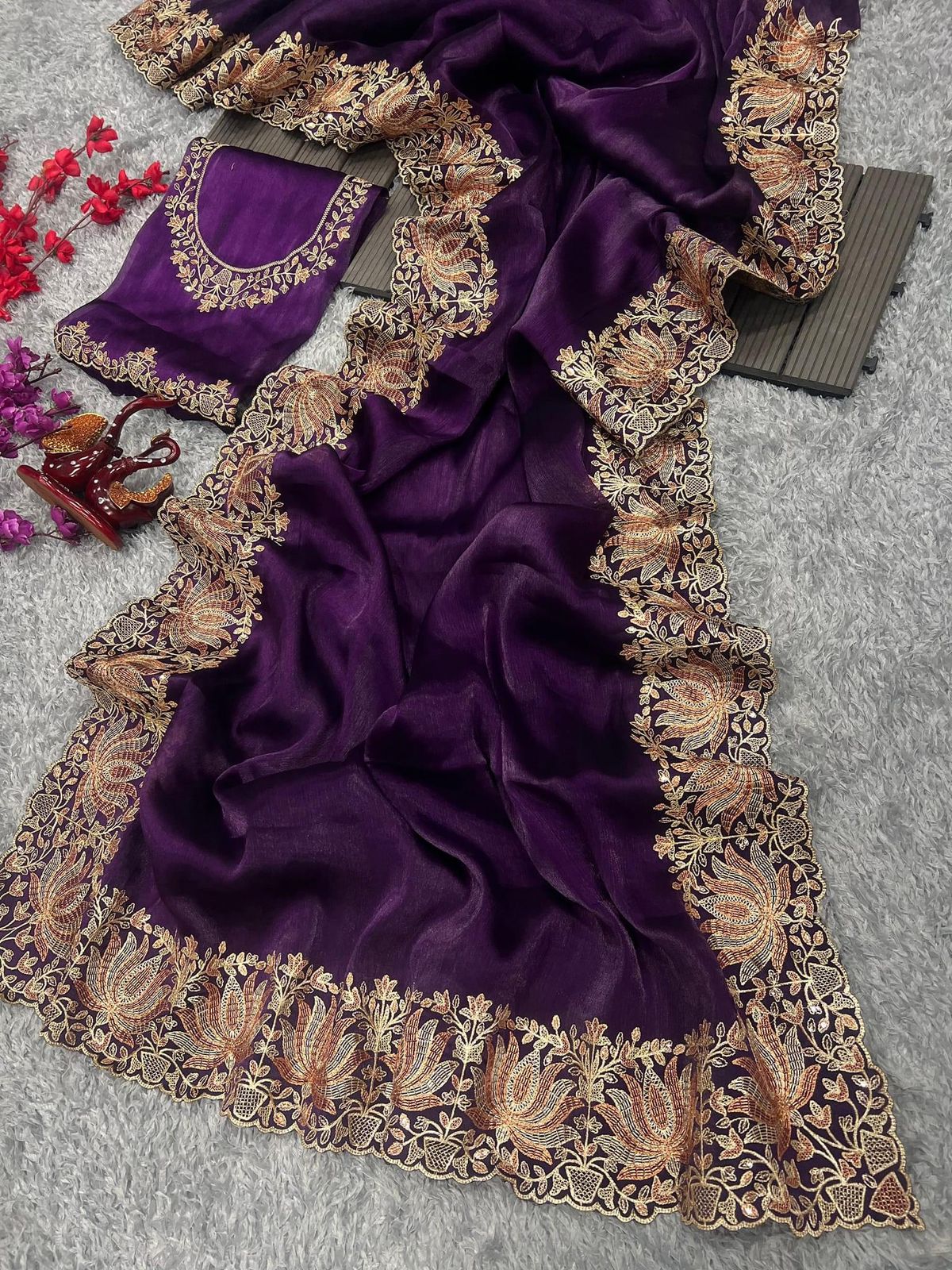 Dark Purple Burberry Silk Zari Work Saree - Shopaholics Choice
