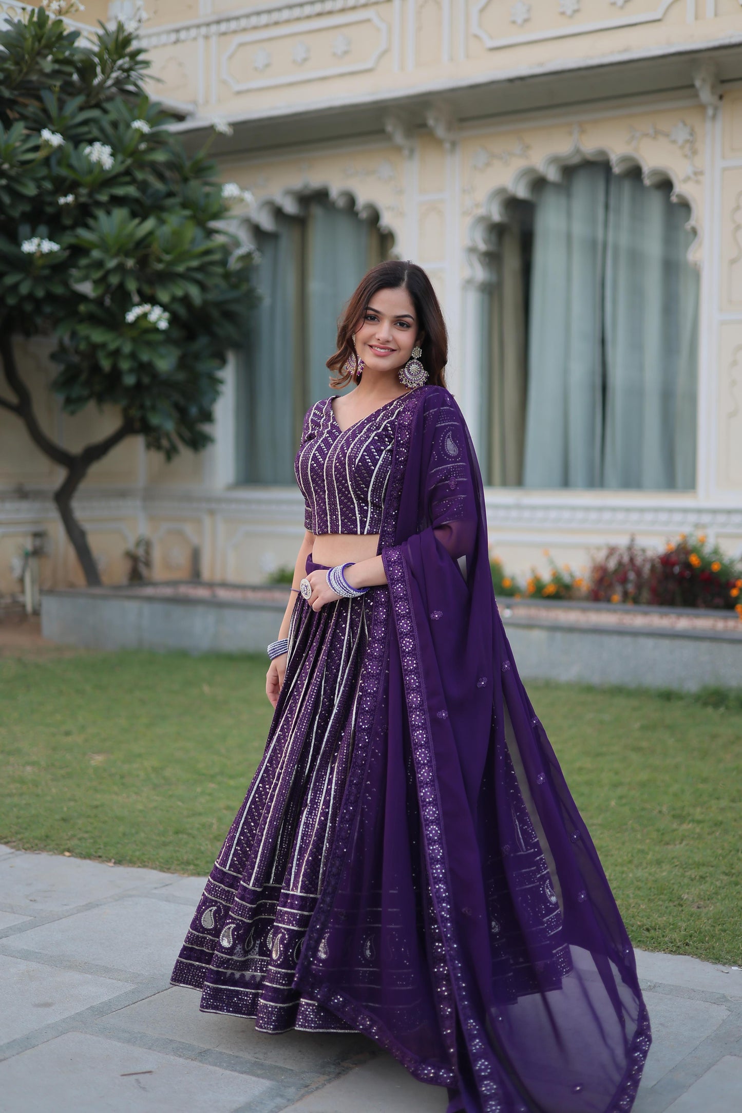 Dark Violet Blooming Embroidery Work Lehnga - Shopaholics Choice