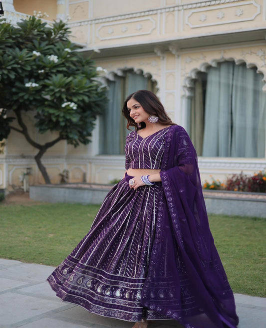 Dark Violet Blooming Embroidery Work Lehnga - Shopaholics Choice