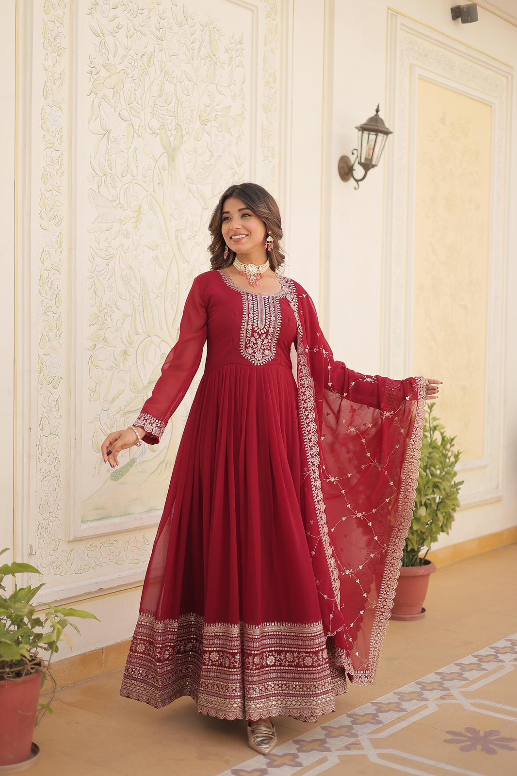 SolidColor Blooming Sequins Work Gown - Shopaholics Choice