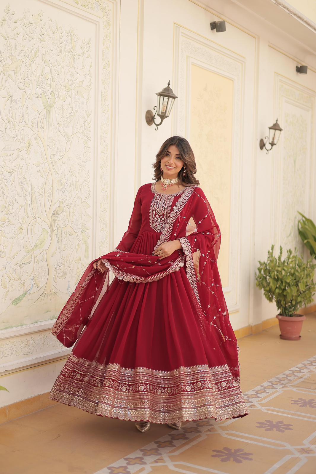 SolidColor Blooming Sequins Work Gown - Shopaholics Choice
