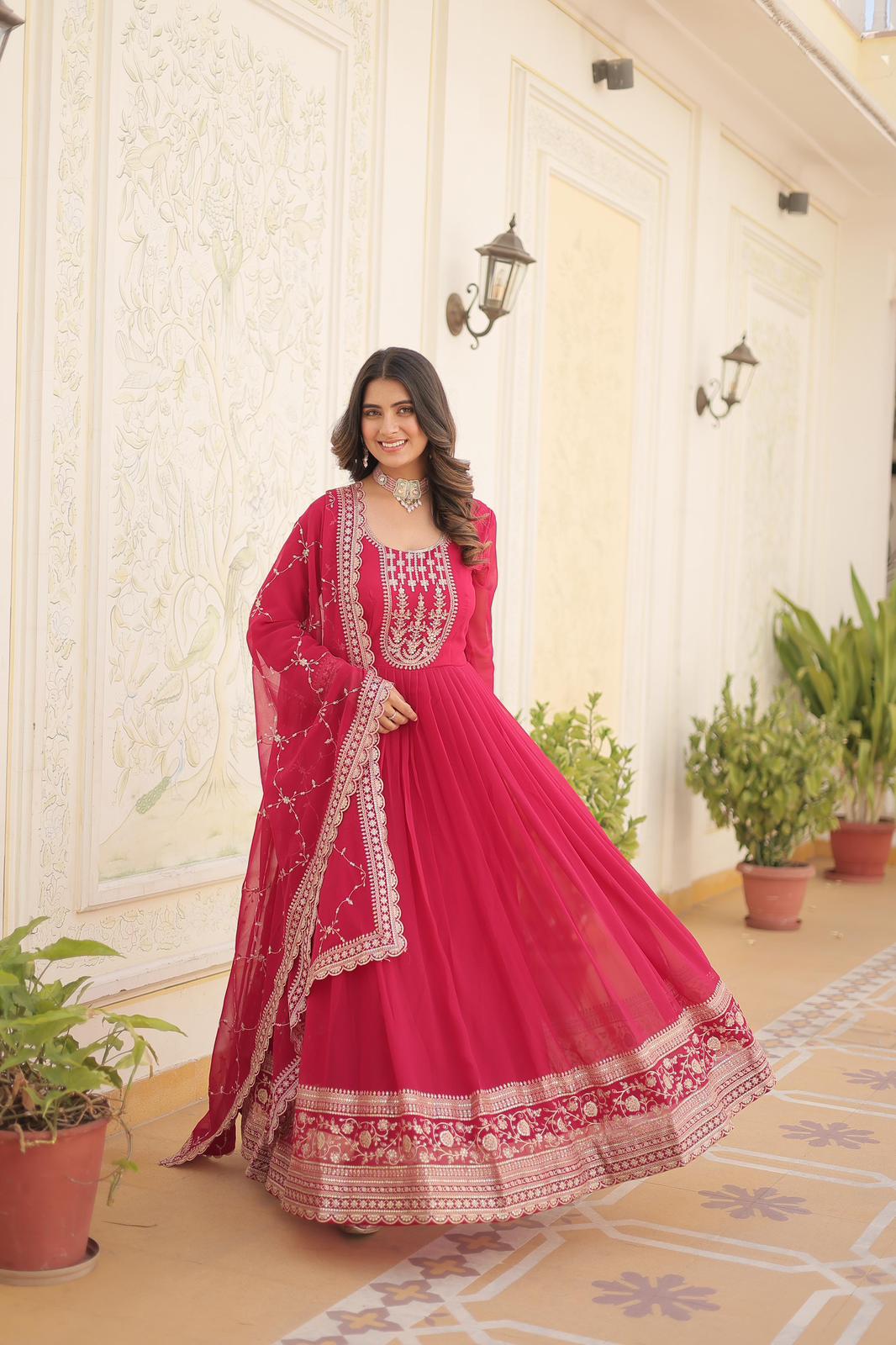 SolidColor Blooming Sequins Work Gown - Shopaholics Choice