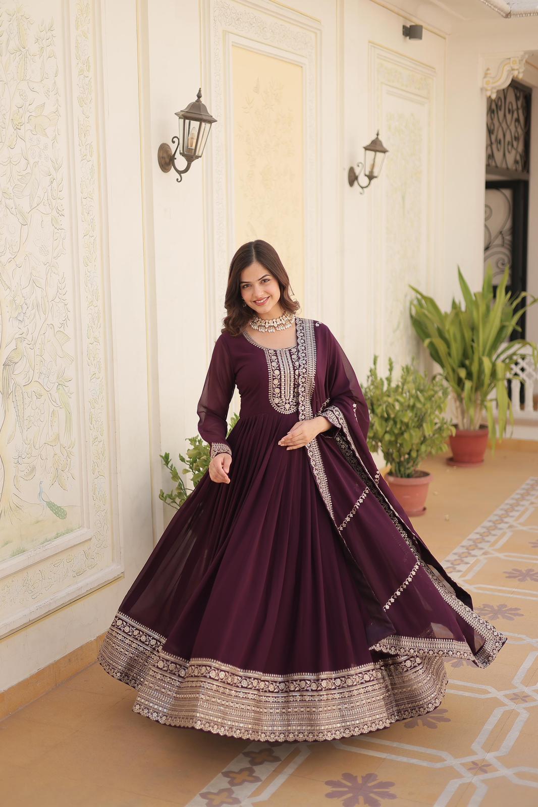 SolidColor Blooming Sequins Work Gown - Shopaholics Choice