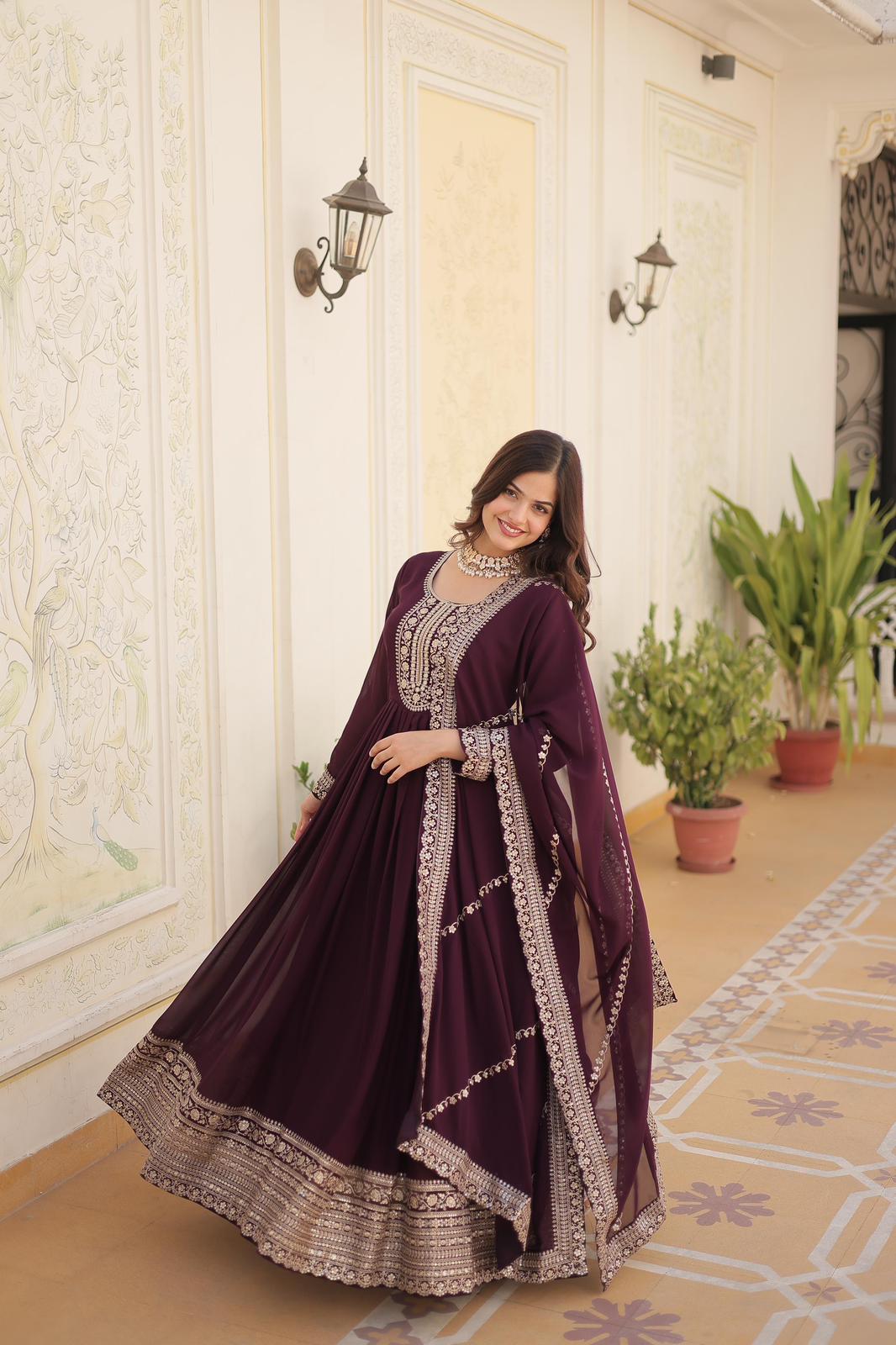 SolidColor Blooming Sequins Work Gown - Shopaholics Choice