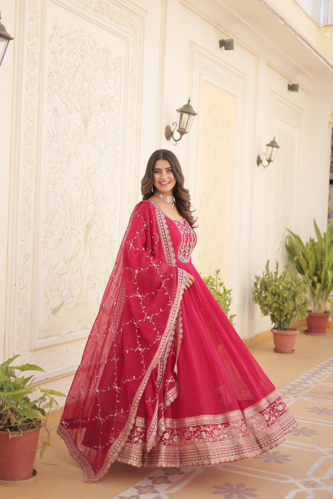 SolidColor Blooming Sequins Work Gown - Shopaholics Choice