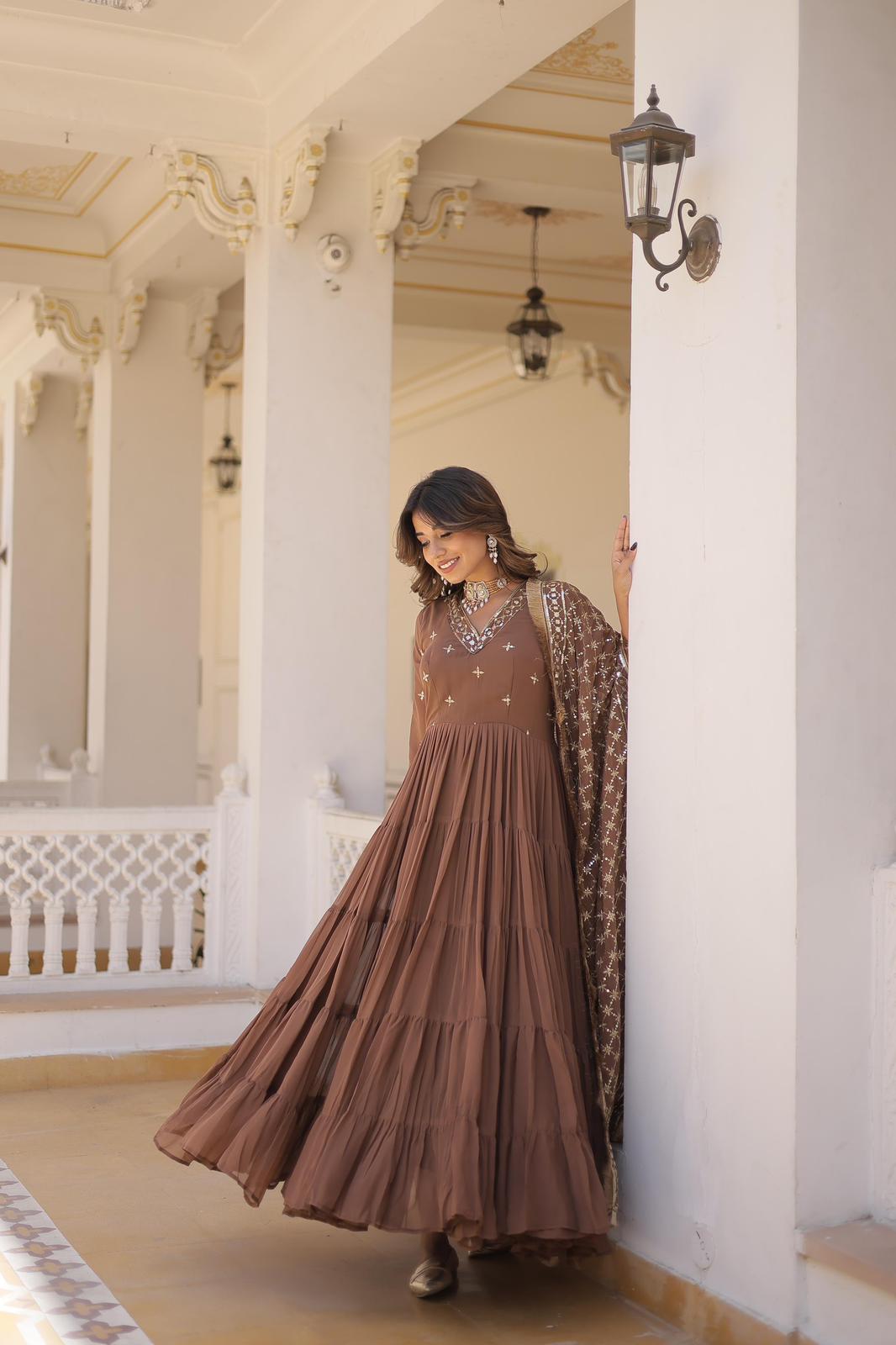 Solidcolour Georgette Rice Sequins Work Gown - Shopaholics Choice